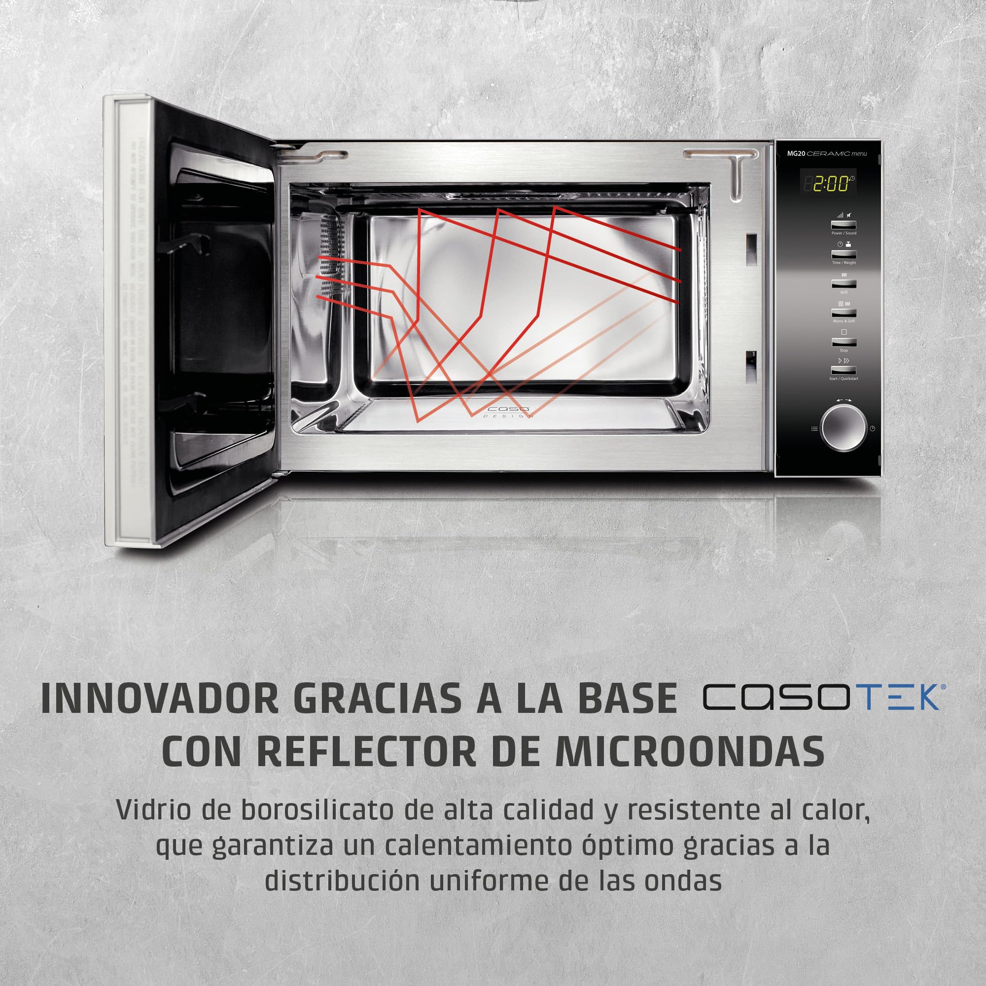 CASO MG 20 Ceramic Menu - Microondas 2 en 1 con grill | sin plato giratorio y rejilla para 2 niveles, 800 W, grill de 1000 W, 20 l, acero inoxidable, acabado espejo