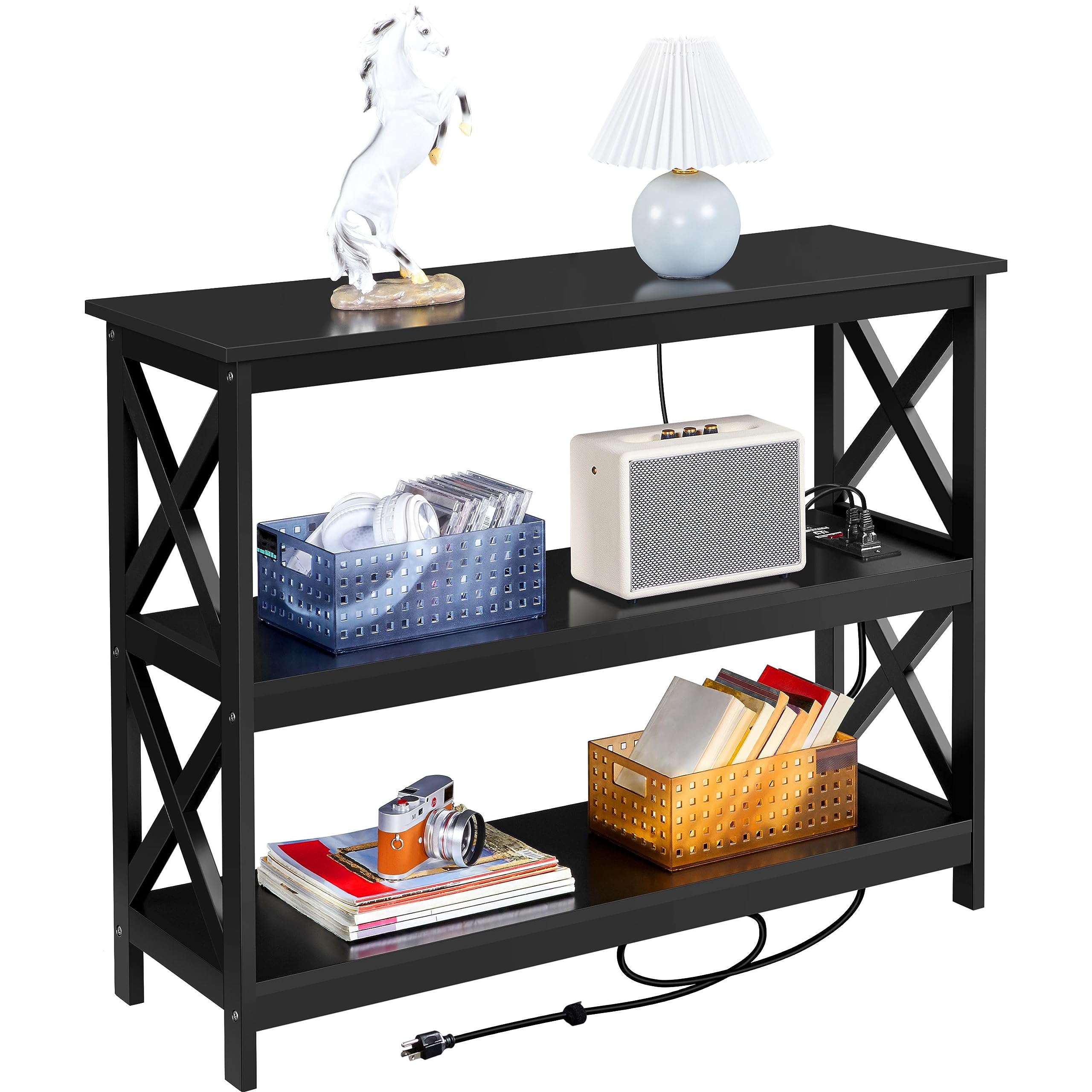 Yaheetech Entryway Table with Storage Shelves, Console Table with Power Outlets and USB Ports, Wood Narrow Sofa Tables with X-Shaped Design for Living