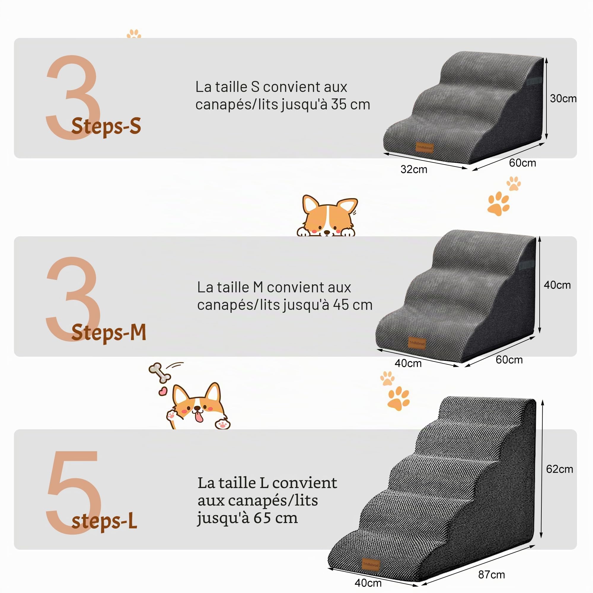 Marchepied pour Chien de 40 cm de Haut pour canapé, 40Wx60Lx40H | Marchepied en mousse pour lit ou fauteuil, escalier antidérapant pour animaux avec housse lavable