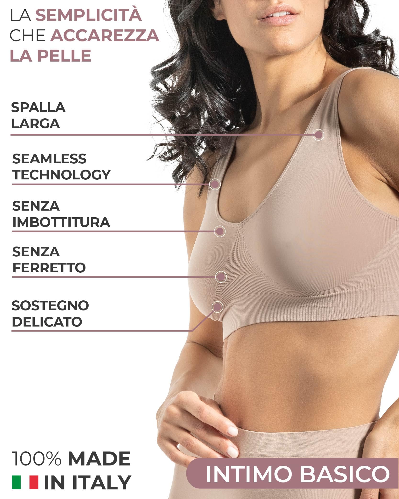 Risalti Reggiseno Senza Ferretto Spalla Larga 3 pz - Bralette Donna Senza Cuciture ed Etichette, Reggiseno Donna in Microfibra Elasticizzata, Brassiere, Top Morbido, Intimo - Made in Italy