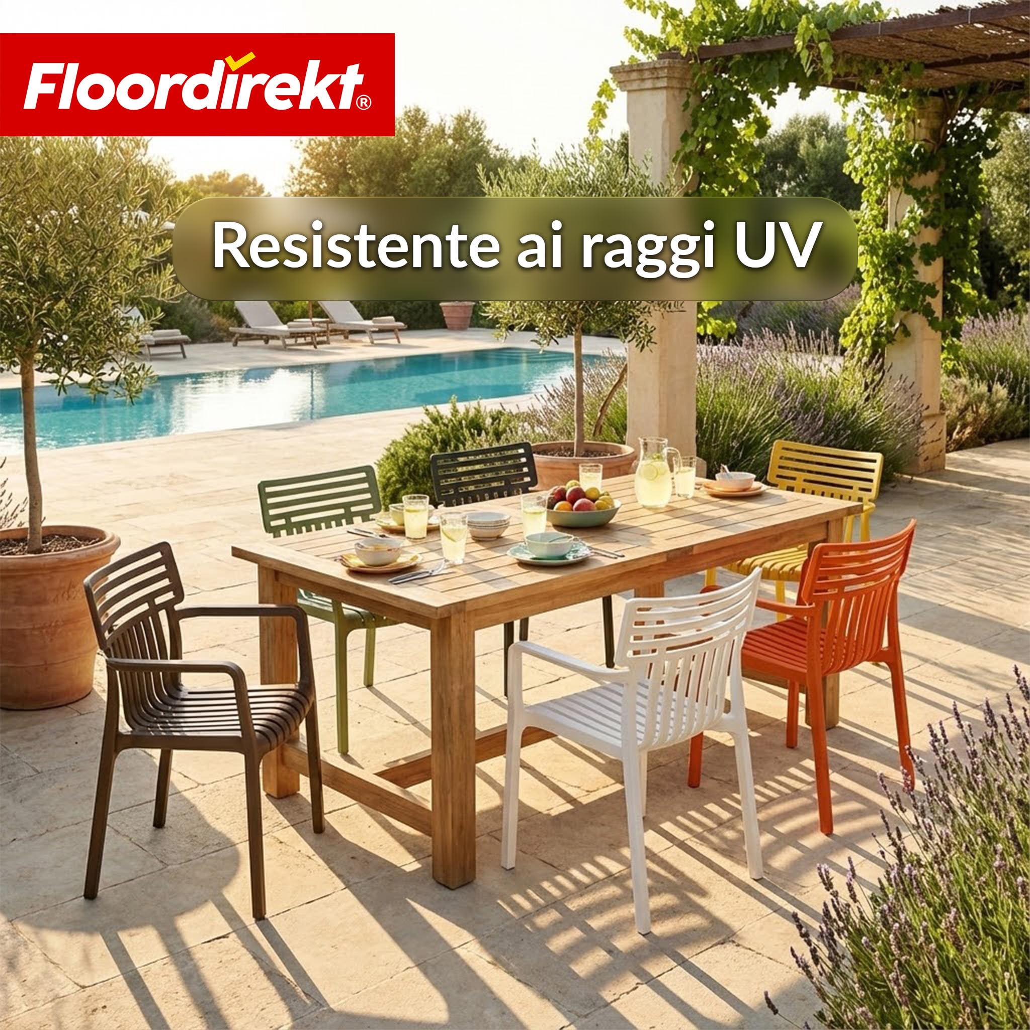Floordirekt Sedia da Giardino Terrano con braccioli – Sedia Design impilabile, Bianca, Resistente alle intemperie e ai Raggi UV, Portata Fino a 200 kg, per Balcone, terrazza e Giardino