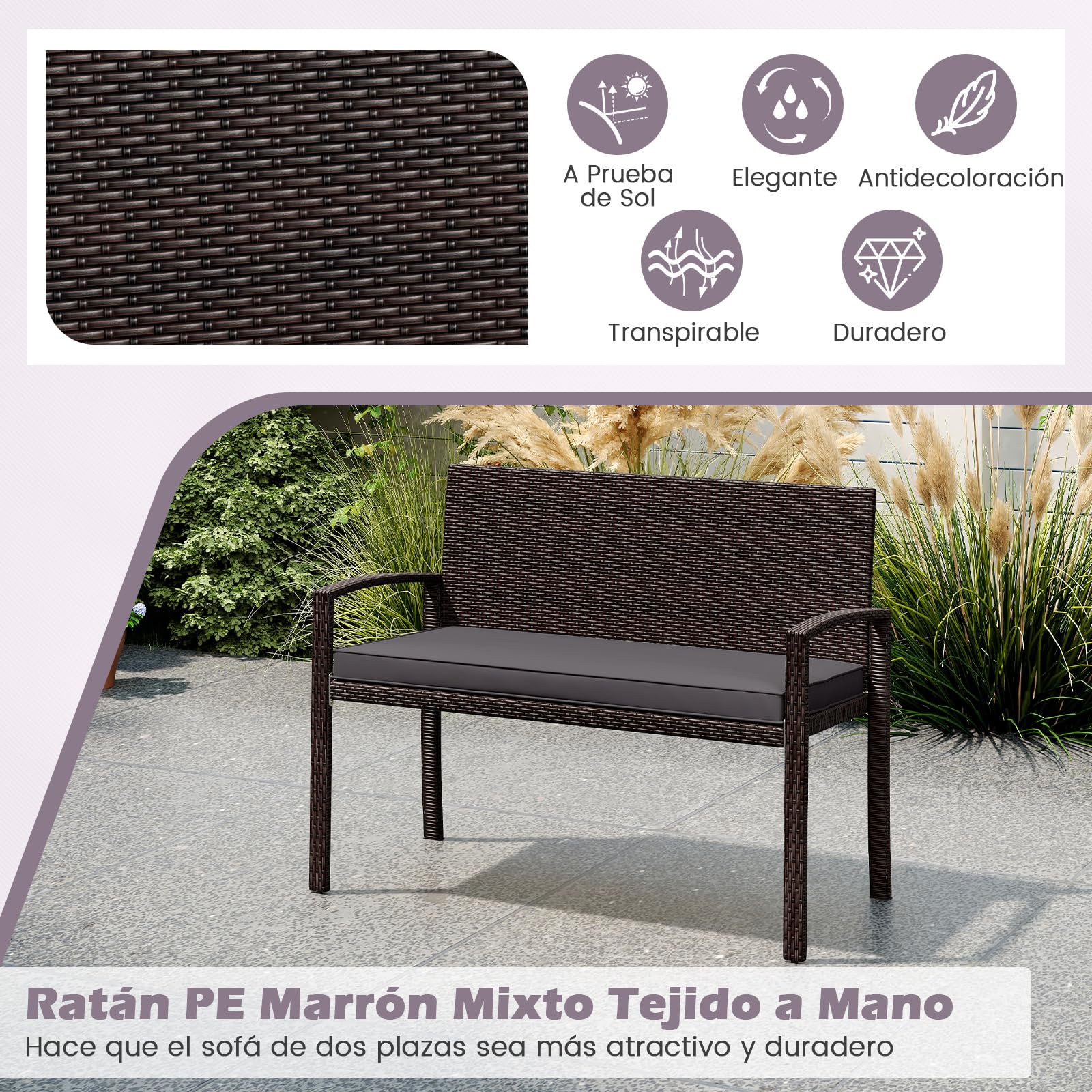 COSTWAY Banco Jardin Exterior de Ratan, 2 Plazas, Banco Exterior con Cojín Acolchado, Respaldo y Apoyabrazos, Estructura Metálica, Terraza Balcon Patio, 110 x 56 x 84 cm, Carga 360kg (Gris)