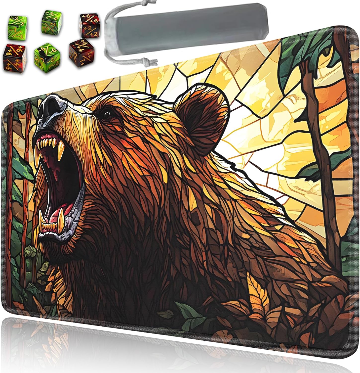 for MTG Playmat, Card Game Mat with Non-Slip Rubber Base and Stitched Edges, 24 x 14 in for DND and for TCG Play Mat with Storage Bag and 6 Dice, Stained Glass Roaring Bear Pattern Board Game Pad
