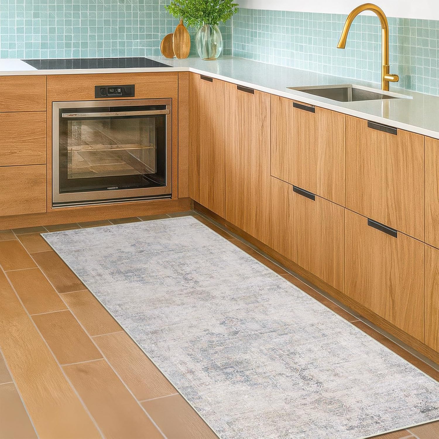Light Blue 2x5 Kitchen Rug Runner Non Slip - Non Slip Washable Rug for Bathroom, Laundry Room, Hallway, Unique Tan Abstract Eclectic Runner Decor