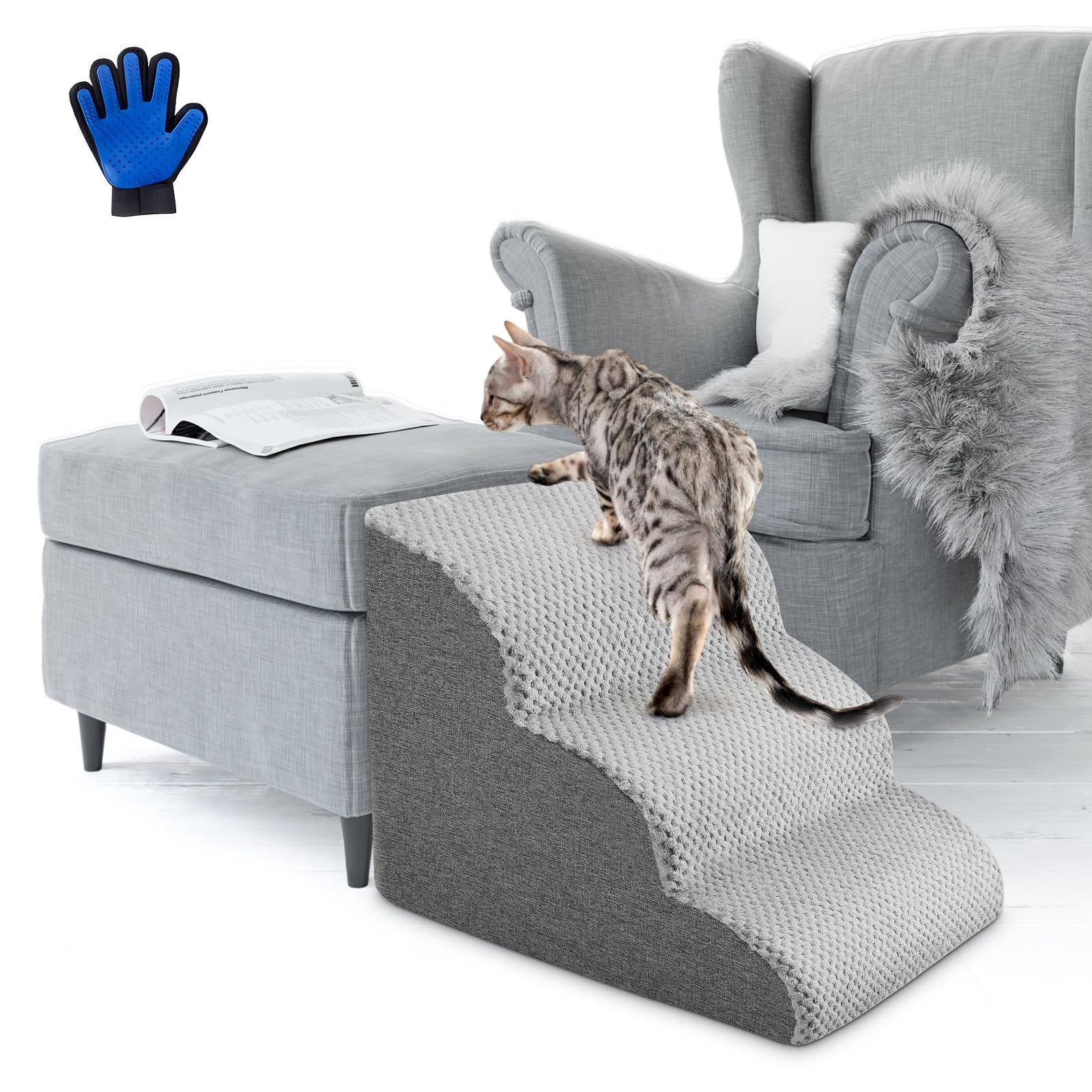 Escalera para Perro Sofá, Couleeur 3 Peldaños Rampa para Perros Esponja con Funda Tela ExtraíBle, Escalones para Perros De Espuma Alta Densidad Escalera para Subir Mascotas para Camas De Alta Y Sofá