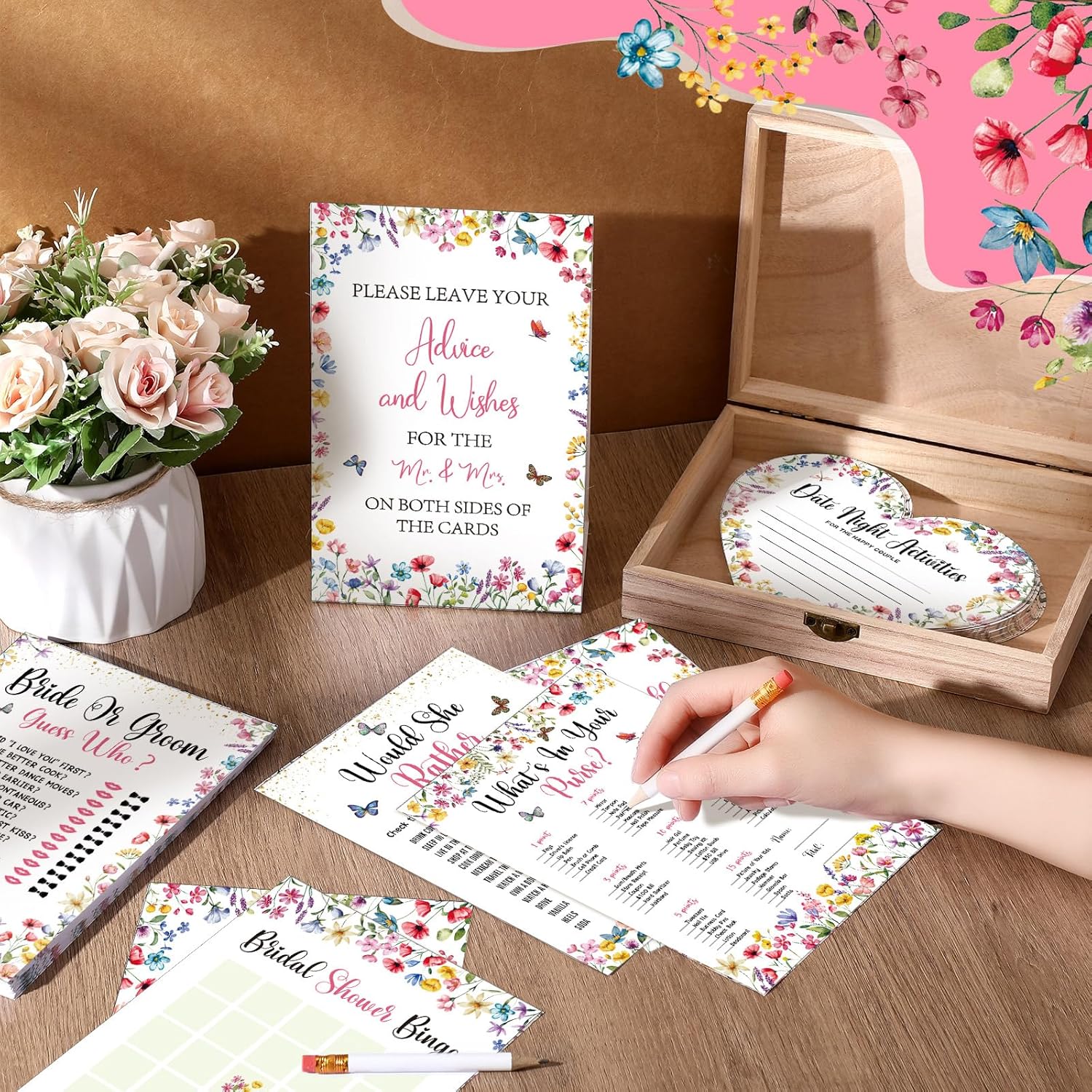 Estune 322 Pcs Bridal Shower Games Set for 50 Guests Includes Bingo, Scramble, Would She Rather, What's in Purse, Advice and Wishes Wedding Games Double Sided with Wooden Box, 20 Pencils(Wildflower)