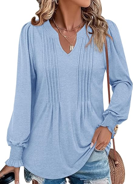 BETTE BOUTIK Long Sleeve Shirts for Women Fall Tops Dressy Blouses Pleated V Neck Tunic Tops for Leggings S-3XL