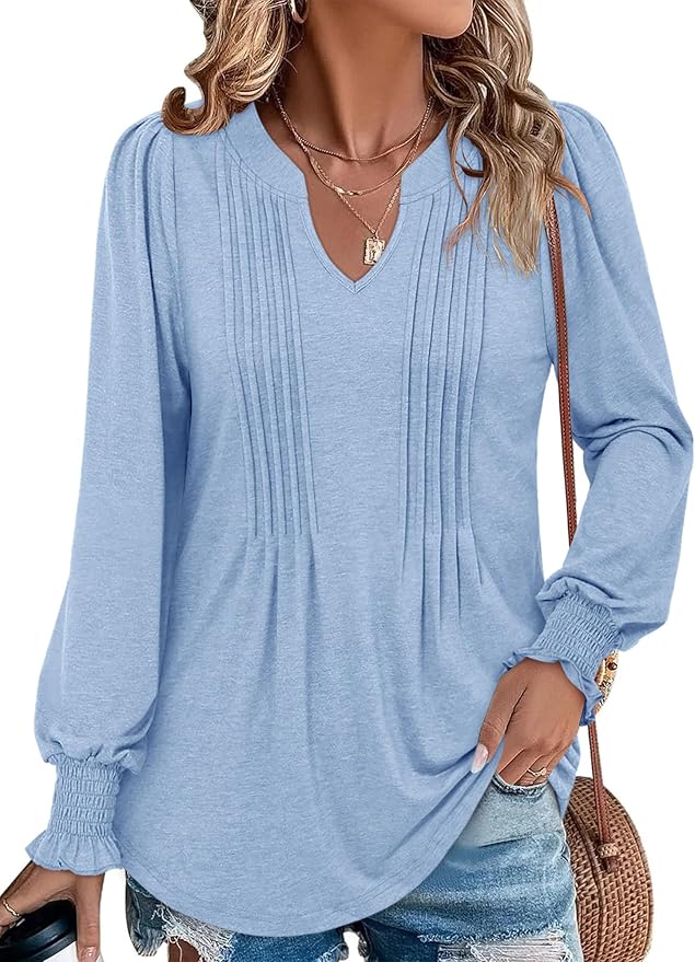 BETTE BOUTIK Long Sleeve Shirts for Women Fall Tops Dressy Blouses Pleated V Neck Tunic Tops for Leggings S-3XL