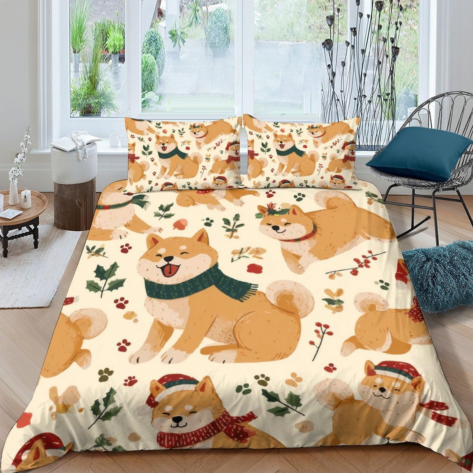Ctjqhvkz Style-6 3D Printed Shiba Inu Dog Fitted Sheet Microfiber Soft Breathable Floral Pattern Bed Cover For Bedroom Dorm Decor Single（135X200cm）