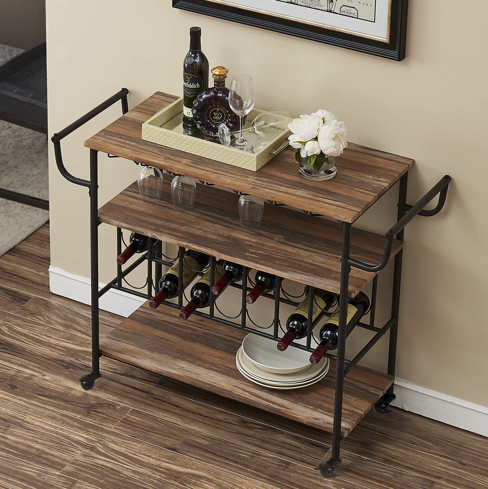 Industrial Bar Cart with Wine Rack, 3Tier Storage Shelves