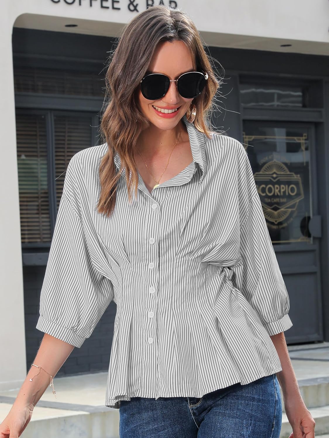 Nlife Women Peplum Tops Cinched Waist Button Down Shirt Collared 3/4 Sleeve Flattering Business Casual Work Office Blouse - Image 5