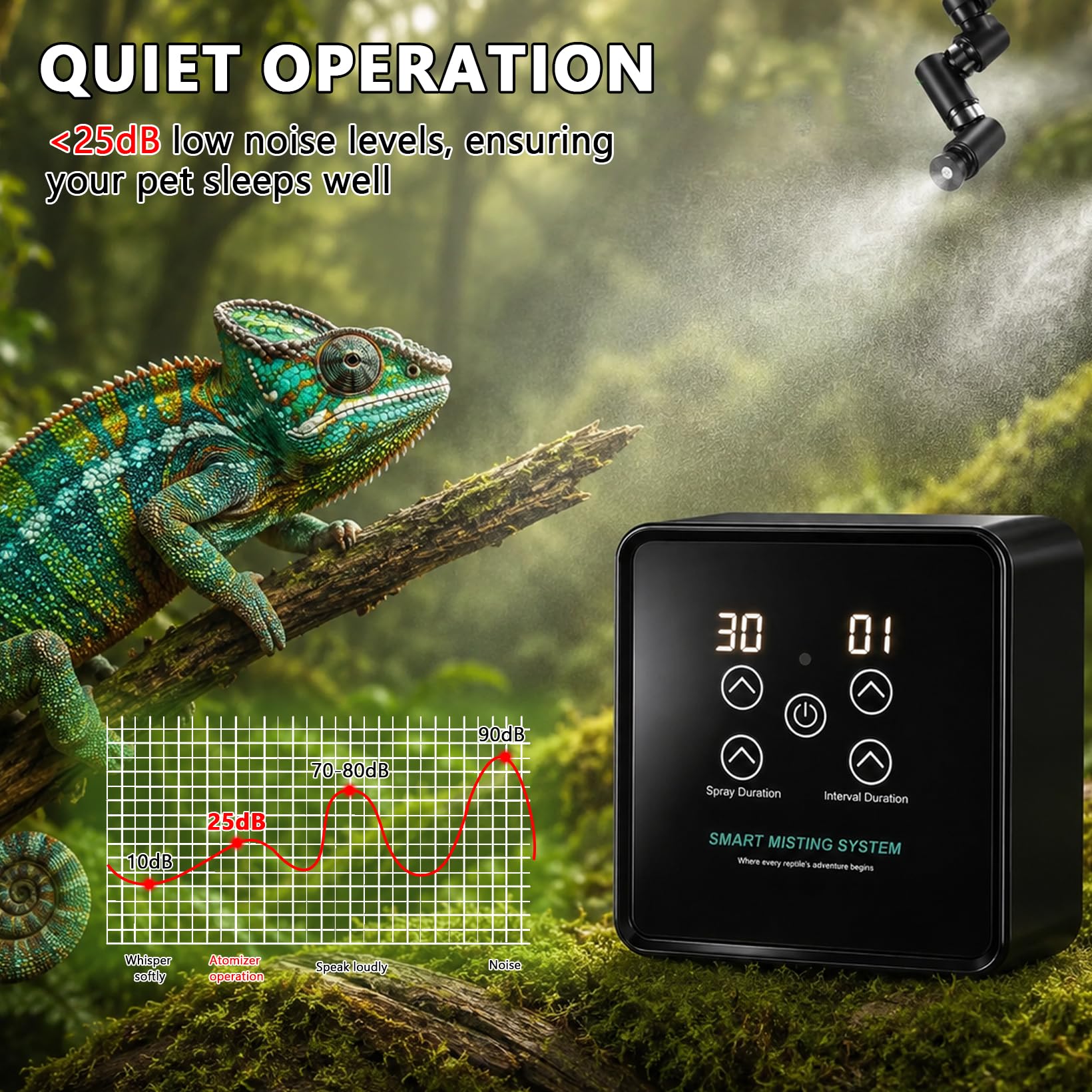 Sistema de riego terrario, nebulizador automático de reptiles con mando a distancia, pantalla táctil y temporizador, boquillas de pulverización ajustables 360°, sistema inteligente de humidificación