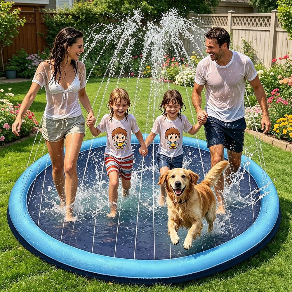 Splash Pad, 200CM Wassersprinkler Kinder Outdoor mit Antirutschfunktion, Sprinkler Play Matte, Gartenspielzeug Kind Sprinkler und Hundepool, Wasserspielzeug Outdoor für Kinder und Haustier (Rund)