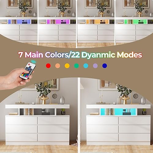 Miniatura 4 de BEWISHOME Cómoda blanca para dormitorio con estación de carga y luces LED, cómoda de madera de 6 cajones con soporte para TV y espacio abierto,