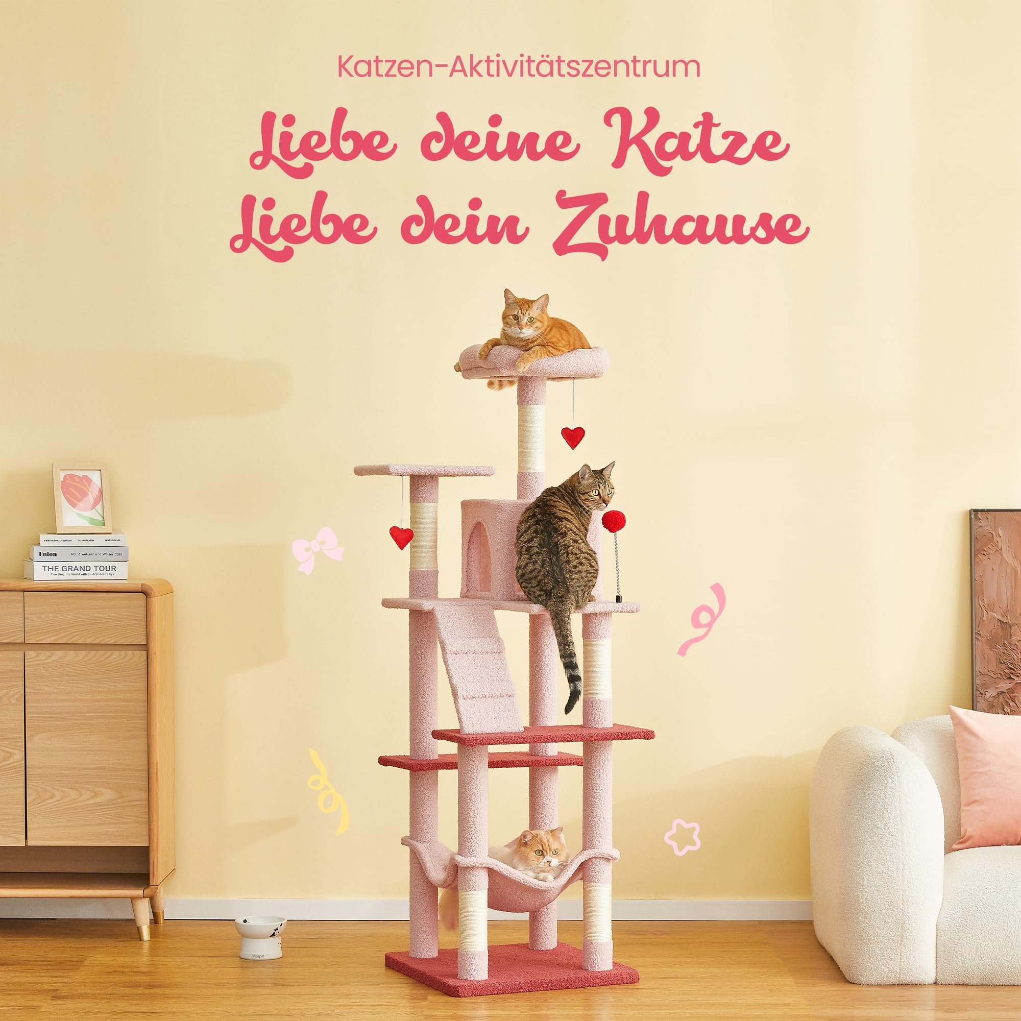 Rosa Kratzbaum, 163 cm Mehr-Ebenen-Turm für Wohnungskatzen mit Sisal-Kratzpfosten, gepolsterter Liegefläche, gemütlicher Hängematte und Spielzeug zum Jagen