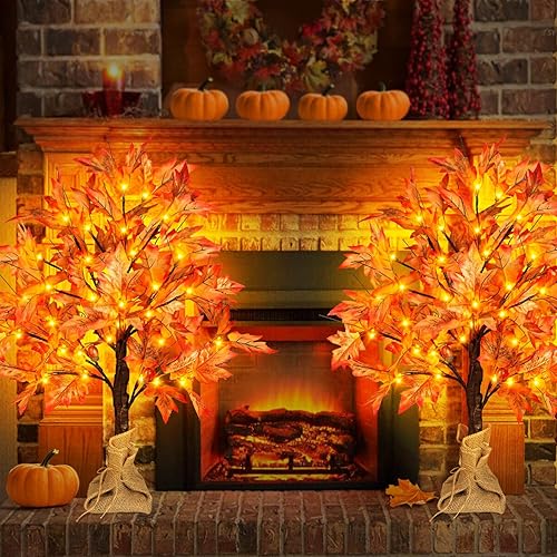 Miniatura 5 de Árbol de arce iluminado de 1.5 pies, luz artificial de árbol de otoño, temporizador de 36 luces LED, 72 hojas, 6 bellotas árbol de mesa de otoño,