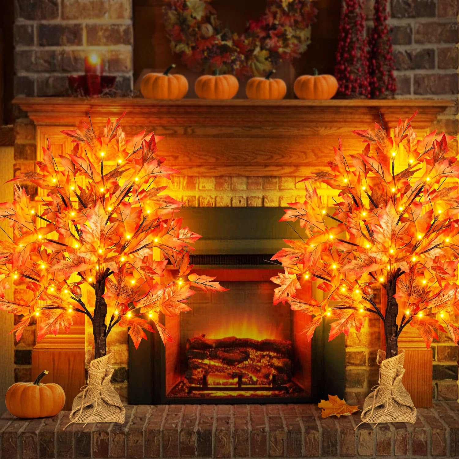 FastDeng Lot de 2 érables lumineux d'automne, arbre artificiel de table de 61 cm avec 36 lumières LED, 72 feuilles, 6 glands, minuterie à piles pour récolte d'automne, décoration d'intérieur,