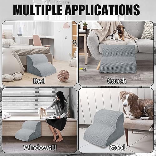 Miniatura 8 de Escaleras para perros, escaleras para mascotas con espuma de alta densidad y funda extraíble, rampa para perros de 11.8 pulgadas de alto para cama