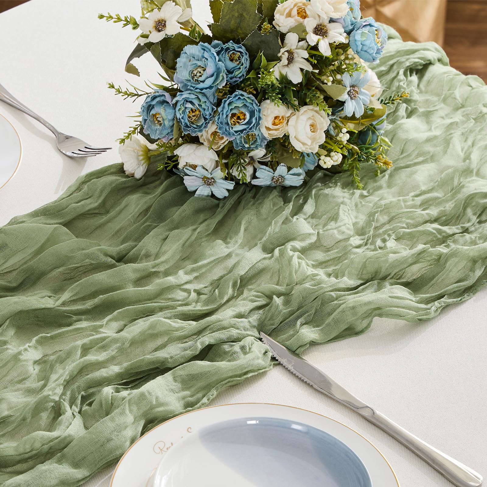 BALCONY & FALCON Cheesecloth Table Runner – Sage Green Sheer 10ft (120 x 35 inch) Rustic Boho Gauze Cheese Cloth Table Runner for Easter, Spring, Wedding, Baby Shower & Outdoor Party Decor — image 1