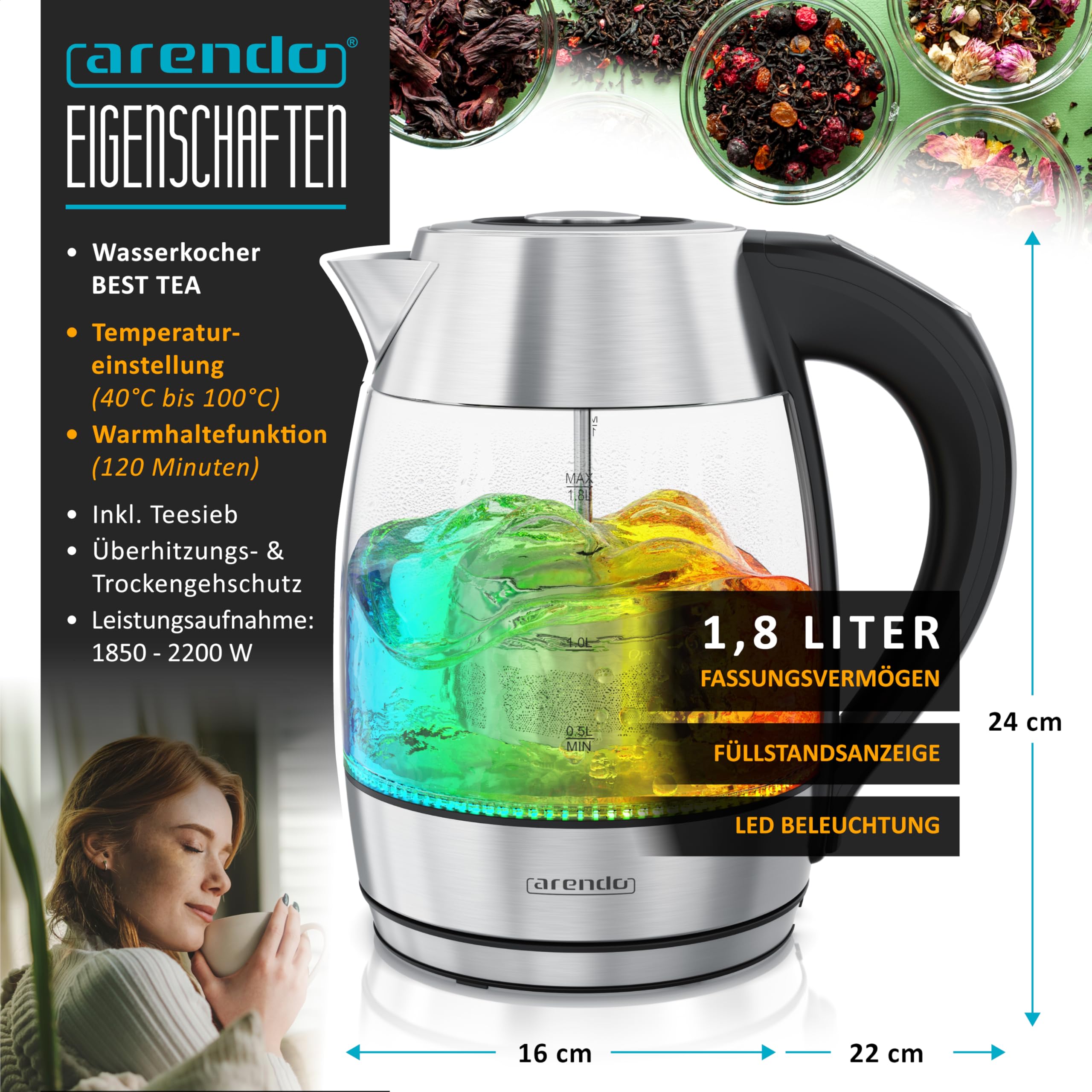 Arendo - Glas Wasserkocher mit Temperatureinstellung - Edelstahl - temperaturabhängige LED Beleuchtung - 2200 W - 1,8 L – 2 Deckel (1x mit und 1x ohne Teesieb) – Kalkfilter – Warmhaltefunkti