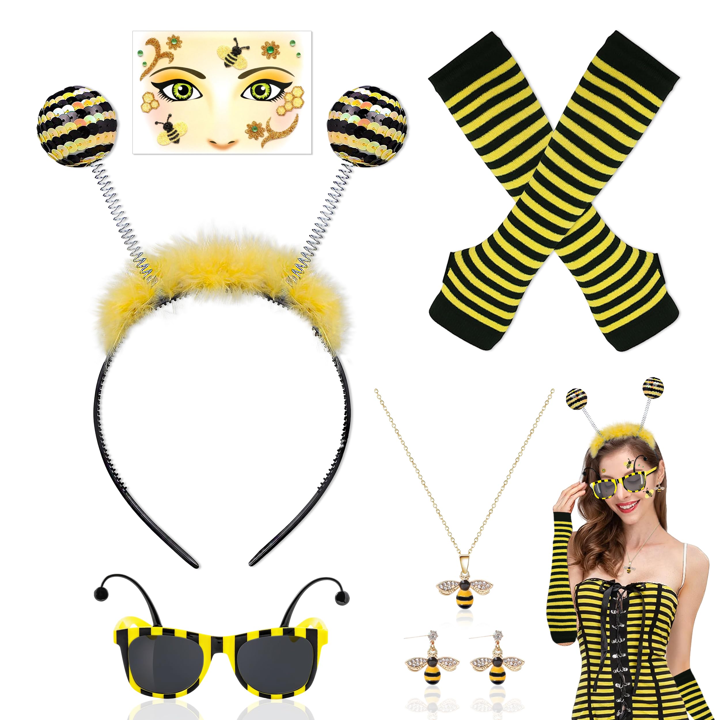Disfraz de Abeja para Mujer, 6 Piezas Disfraz Abeja para Adultos, Abeja Costume de Accesorios con Diadema de Abeja Gafas Collar Pendientes Guantes y Tatuaje Facial para Fiesta