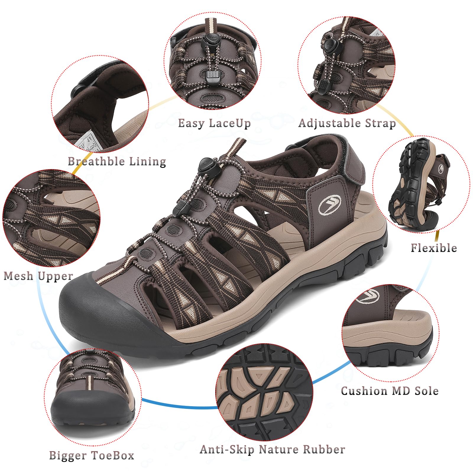 FLARUT Sandali Uomo Estivi all'aperto da Trekking Sportivi Punta Chiusa Scarpe Spiaggia Corsa Casual(Caffè Beige,46)