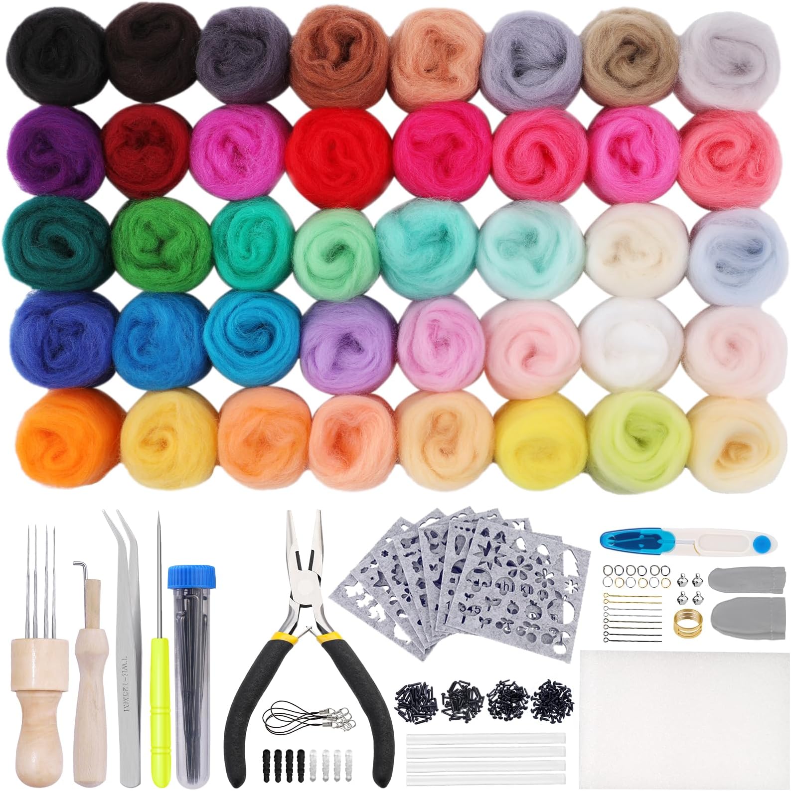 JUAYING 341 Pcs Needle Felting Kit, 40 Colours Wool Roving, 24 Pcs Felting Needles, Hand Spinning DIY Craft