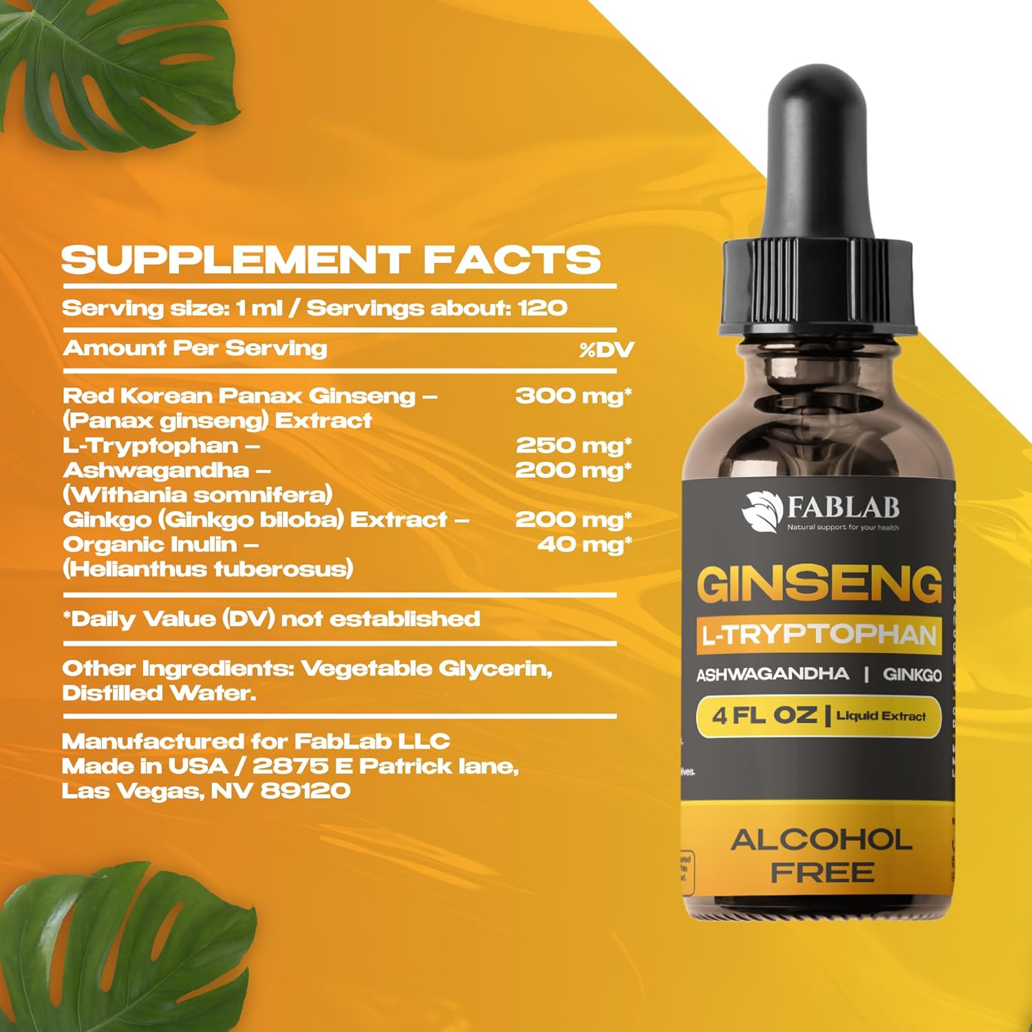 FabLab Ginseng L-Tryptophan Liquid Extract, Ashwagandha, Ginkgo, Red Korean Panax – Cognitive Support, Stress Relief, Energy Booster, 4 fl oz - Image 8