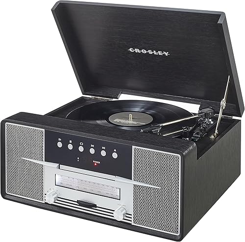 Miniatura 6 de Crosley CR7016A-BK Rhapsody - Tocadiscos de vinilo 7 en 1 con Bluetooth, 3 velocidades, reproductor de CD, radio AMFM, color negro