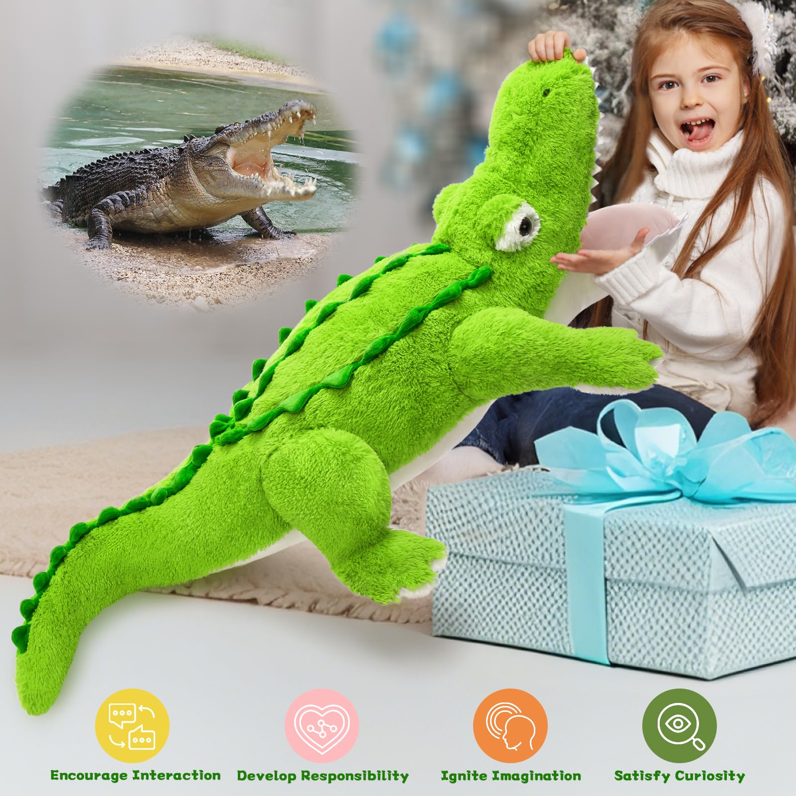 KERTA 51 inch Giant Alligator Stuffed Animal, Hugging 4ft Large Alligator Plush Body Pillow, Soft Stuffed Crocodile Plush Toy Birthday Valentine's Day Gift for Girls Boys 6