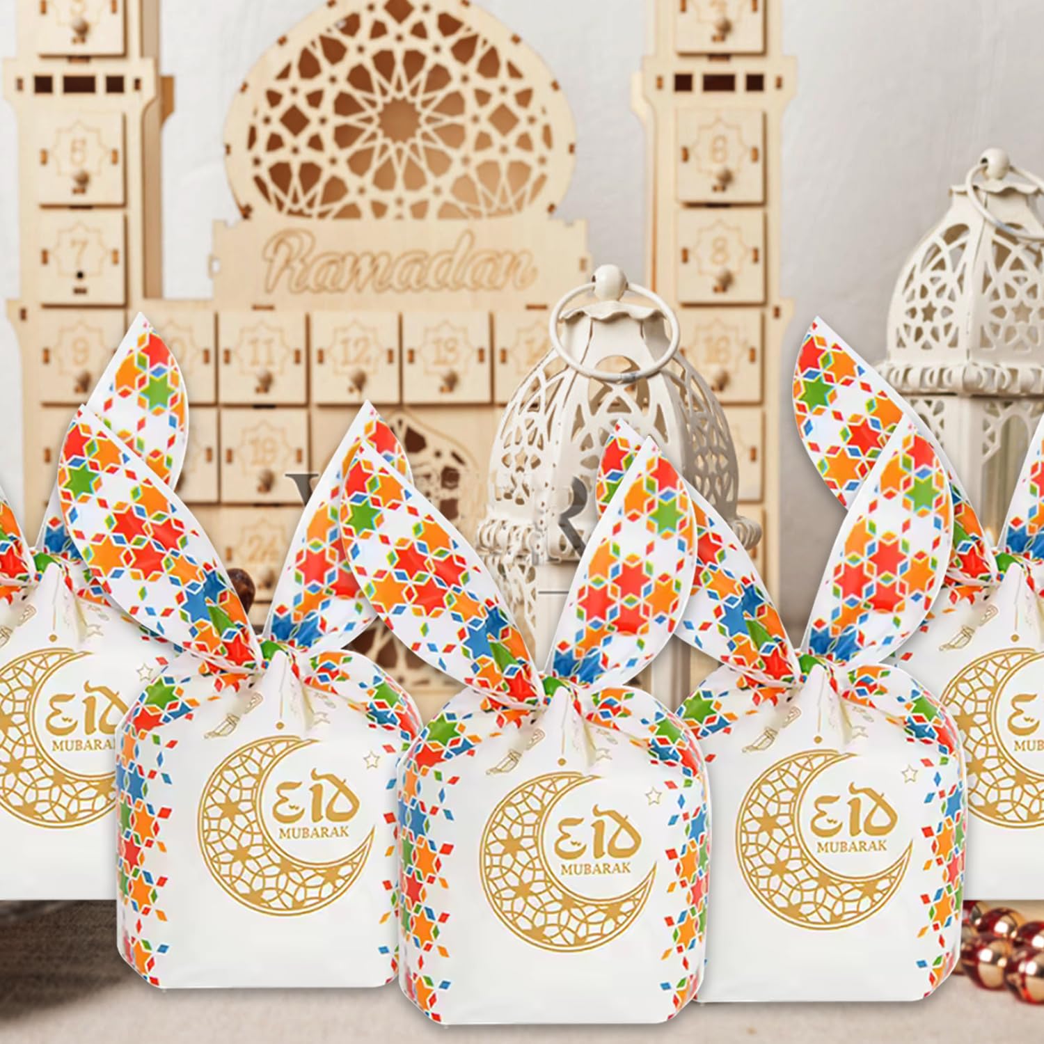 KTBANBANNEY 100PCS Ramadan Gift Bags For Eid Mubarak Presents Ramadan Kareem Goodie Bags for Candy Cookie Muslim Islamic Festival Party Eid Al-Fitr Supplies Party Favors