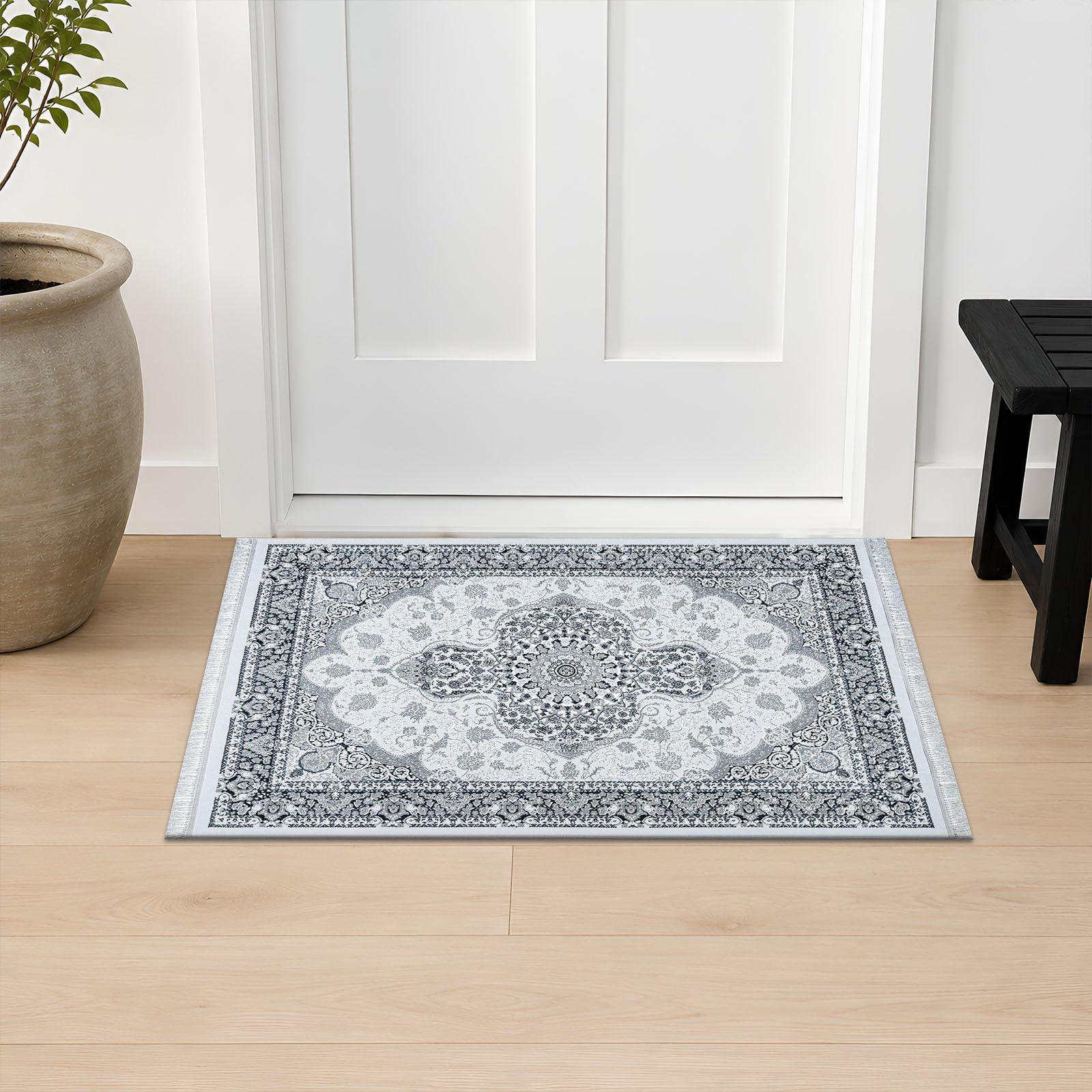 renoazul® Soft Rug Indoor Door Mat With Jute Back - Crystal 60 x 110 cm - Grey Traditional Rug - Carpet Washable For Entrance, Kitchen and Corridor