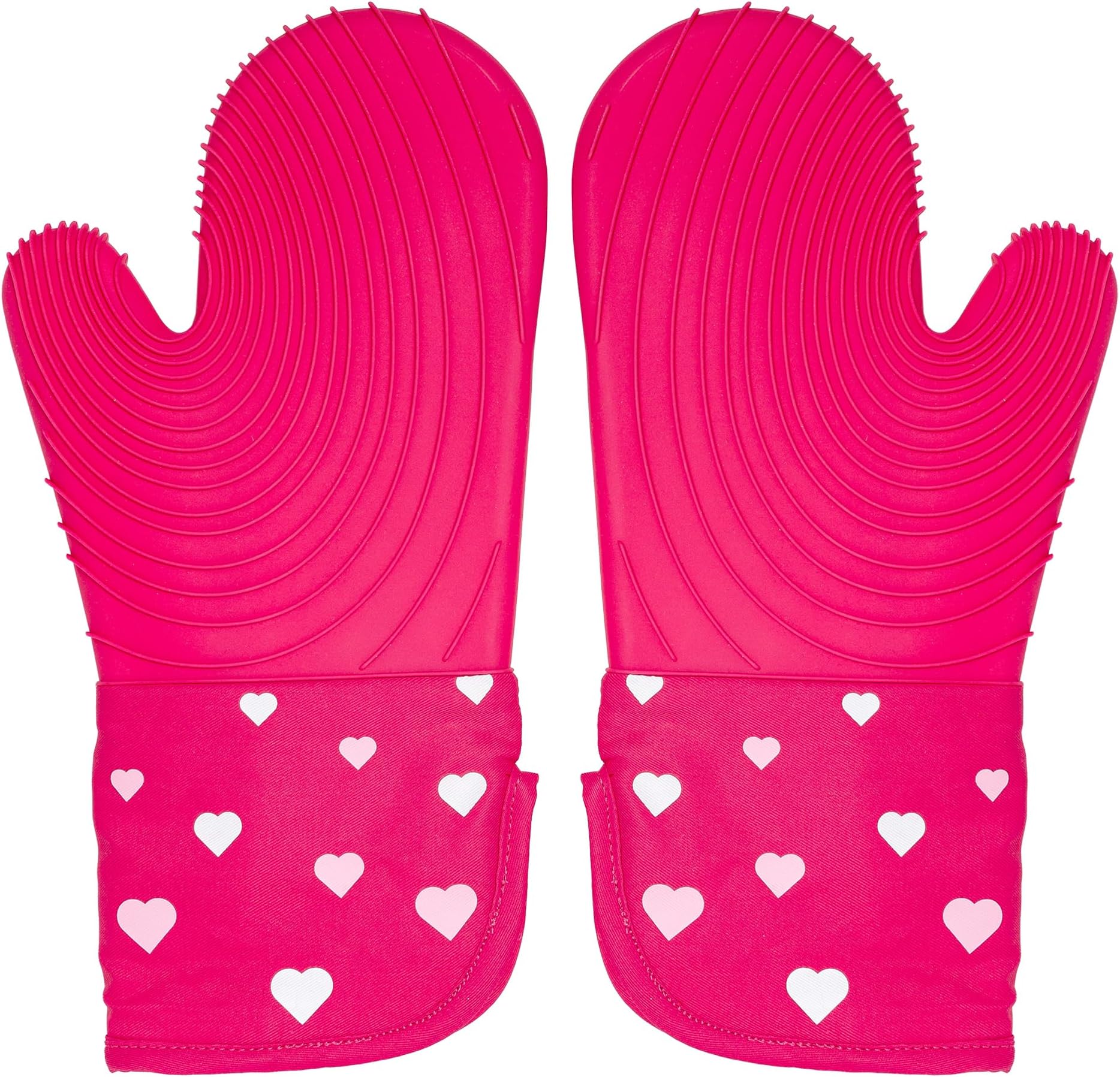 Oven Mitt Set with Heart Design, Heat Resistant Pot Holders Featuring Non-Slip Textured Silicone Grips, 2-Piece Set, Pink