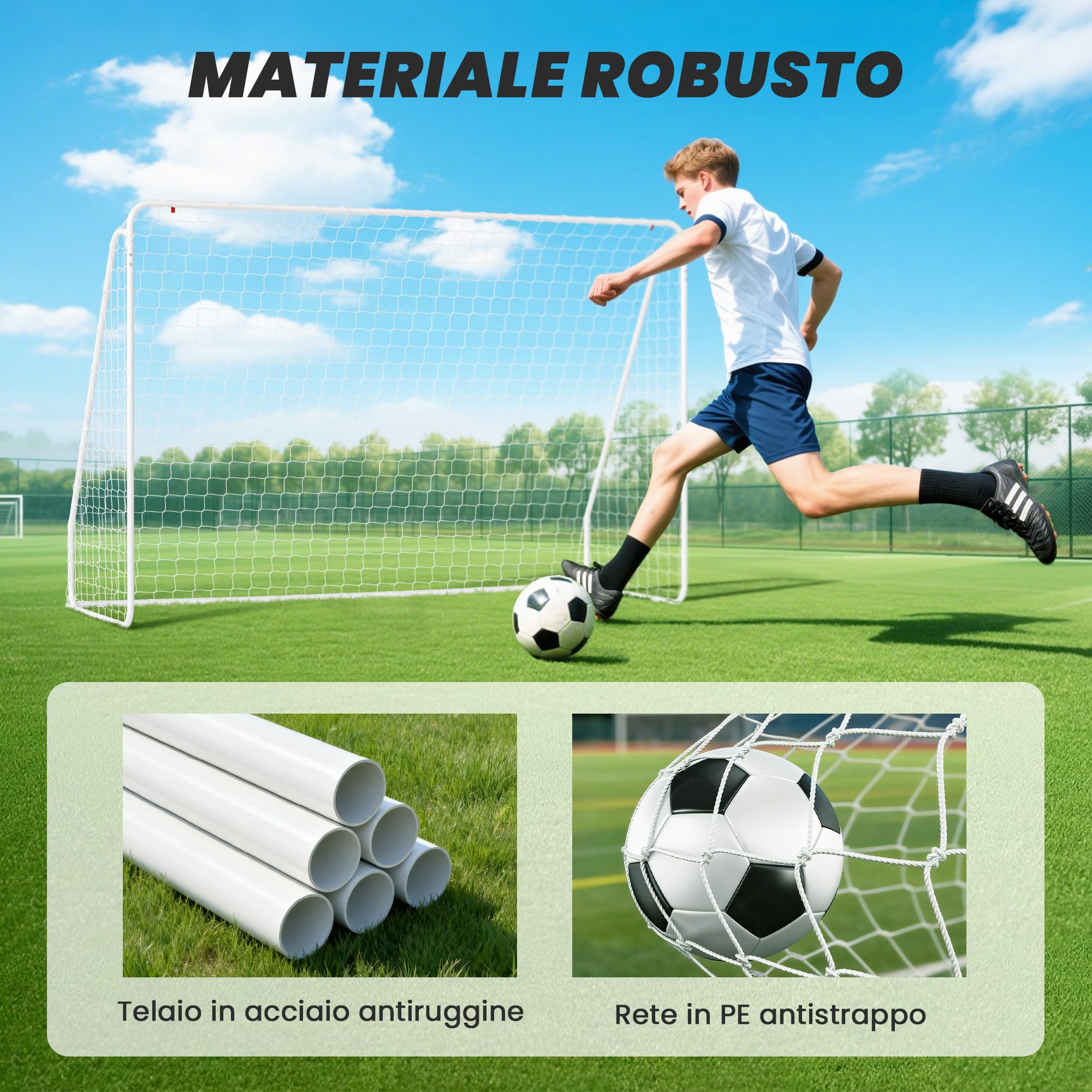 HOMCOM Porta da Calcio per Giardino e Parco Adulti 301x120x200 cm Bianco | 6 Picchetti a U, Rete da Calcio in PE e Metallo