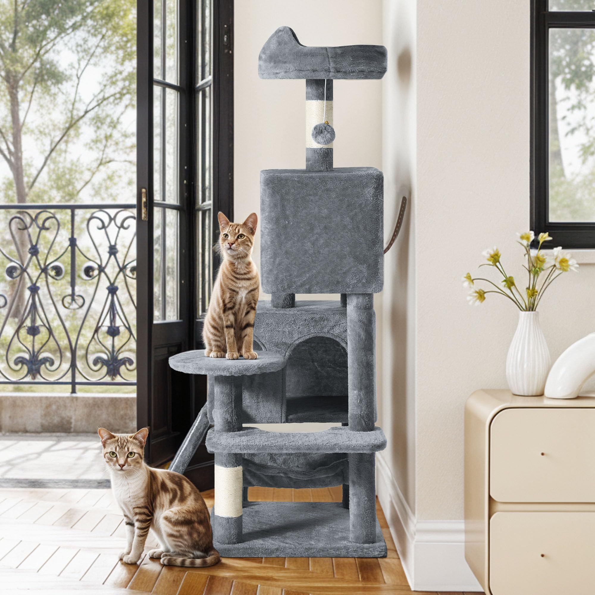 YITAHOME Tall Cat Tree for Indoor Cats, 75 inch Multi-Level Cat Tower with Cat Condos, Top Perches, Sisal Ramp Scratching Posts, Cozy Basket, Hammocks, Large Cat Pet Activity Structure,Pink: YITAHOME 54in Cat Tree Tower Condo, Multi-Level with Sisal Scratching Post, Cat Condos, Plush Top Perches, Hammock, Space Saving Cat Condo, Dangling Ball, Pet Play House, Perfect Pet Gift, Dark Gray