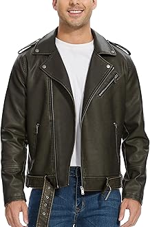 Fahsyee Leather Jackets for Men, Faux Bomber Jacket Mens Motorcycle Lapel Asymmetric Zip-Up Belt Slim Fit Biker Coat