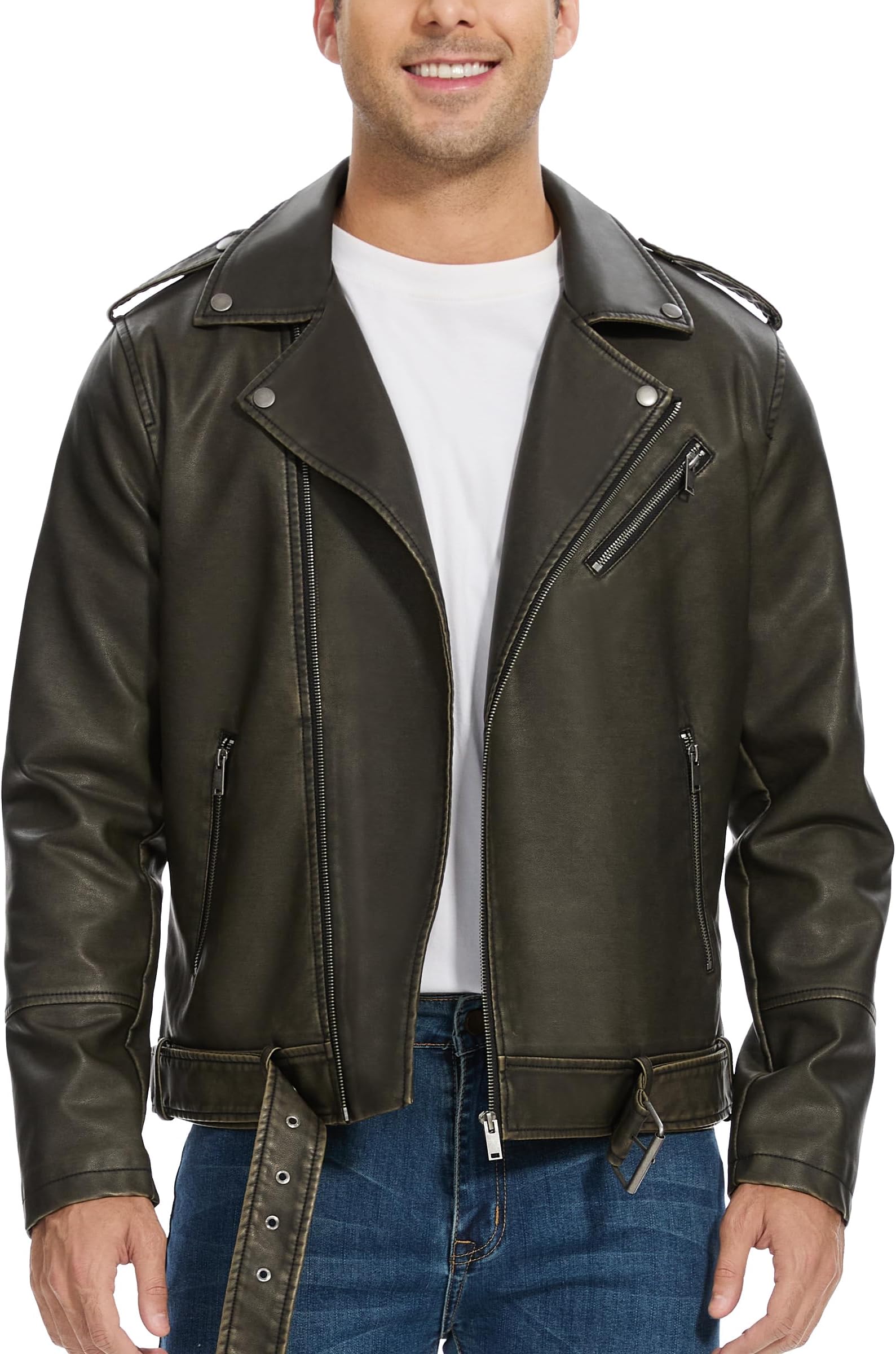 Leather Jackets for Men, Faux Bomber Jacket Mens Motorcycle Lapel Asymmetric Zip-Up Belt Slim Fit Biker Coat