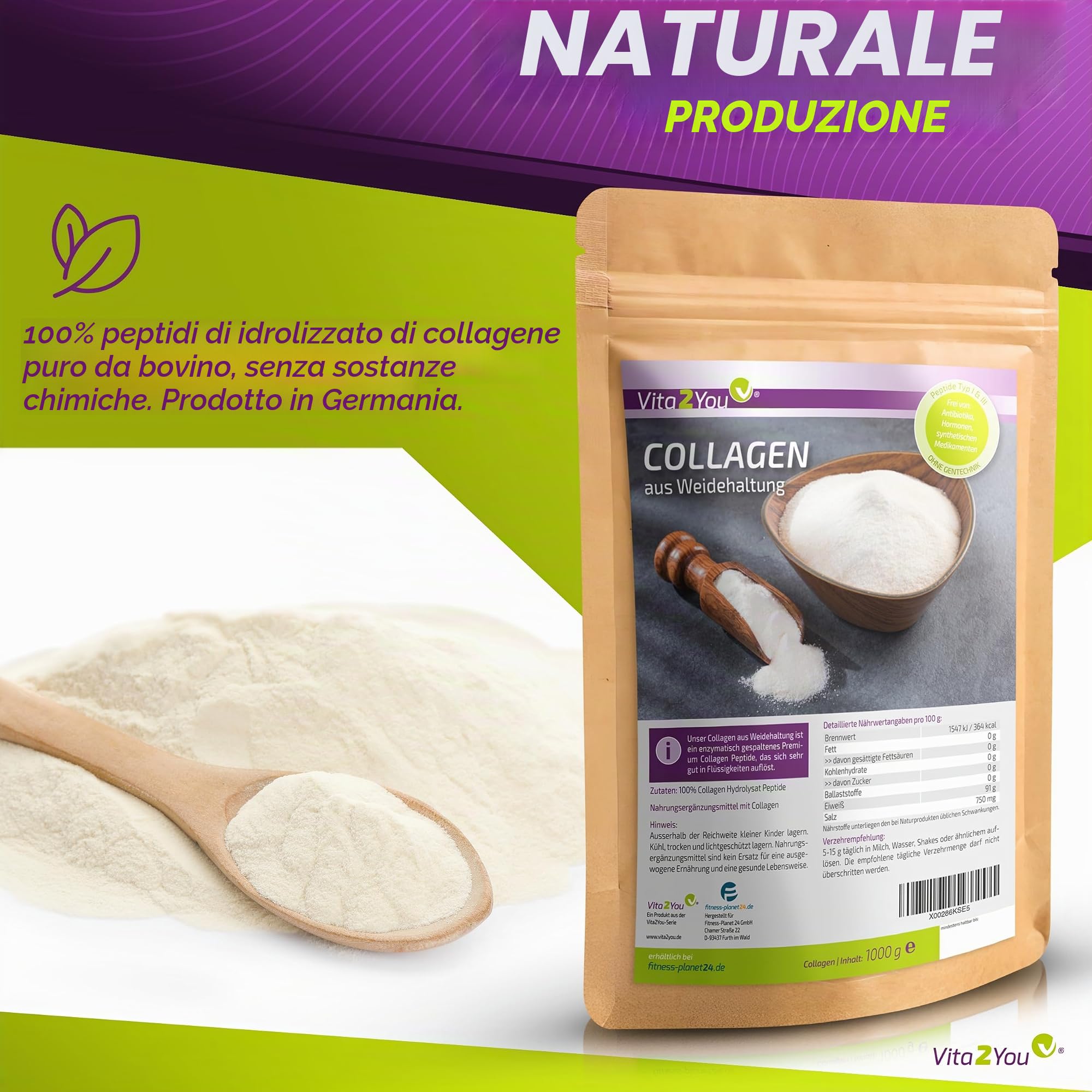 Vita2You CollaSel Pro® - Polvere di collagene bioattivo, 100% CollaSel Pro®, da allevamento e alimentazione con erba, peptidi idrolizzati tipo 1 e 3, proteine, 1000 g, qualità premium