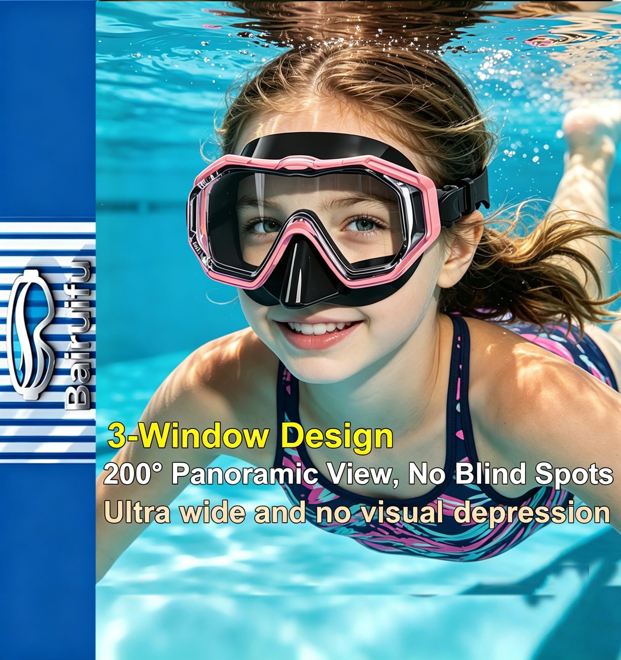Kinder-Schwimmbrille, Schnorchelmaske, neueste 3-Fenster-Gläser, breite Sicht, kristallklar, weiche Nasenabdeckung