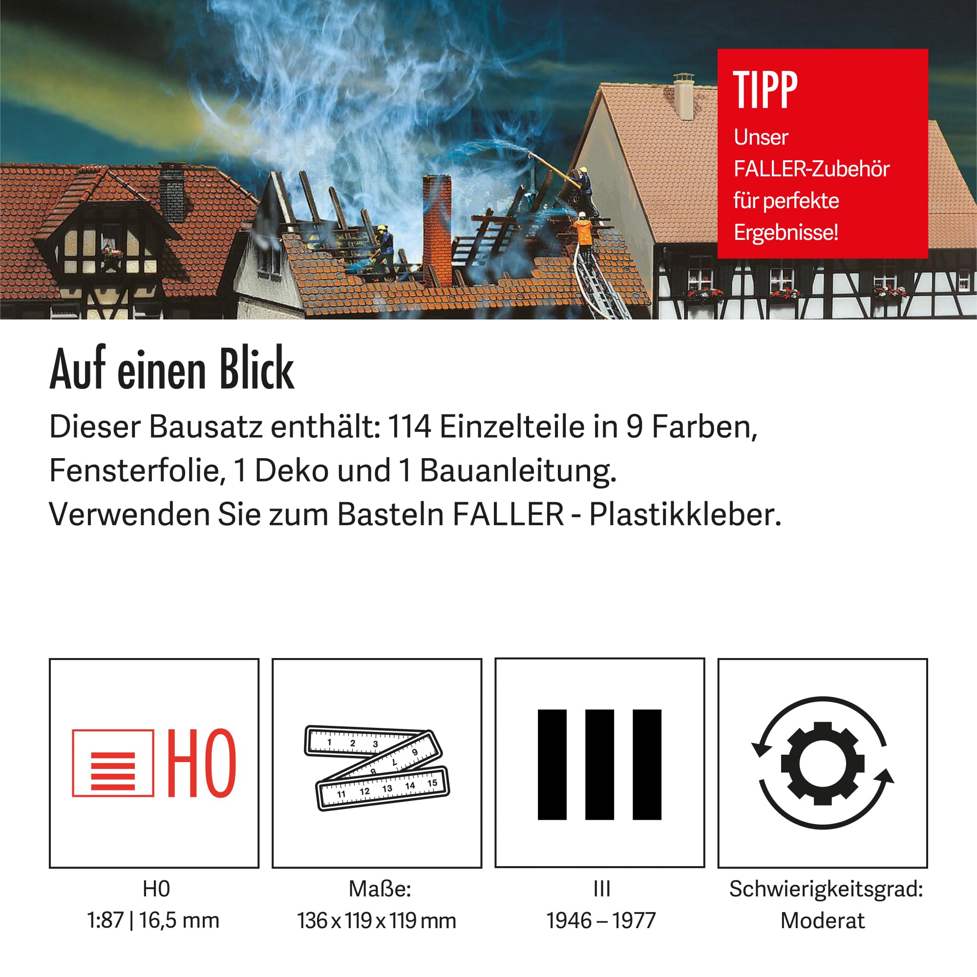 FALLER Brandruine Gasthaus Zur Sonne Modellbausatz mit 114 Einzelteilen 136 x 119 x 119 mm I Modelleisenbahn Zubehör H0 I Modelleisenbahn H0 Gasthaus, Weiß