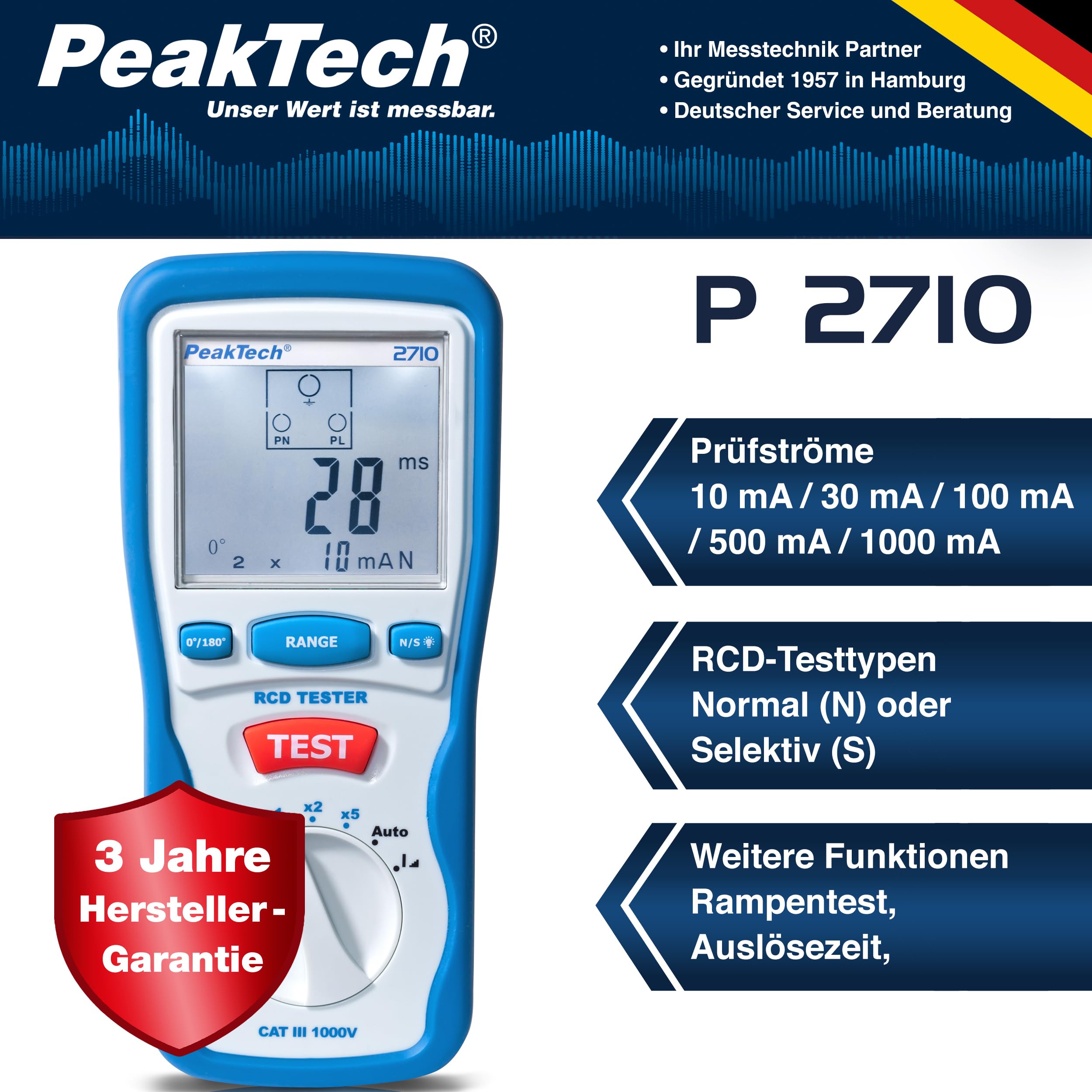 PeakTech P 2710 – Digitaler FI Tester für Auslösecharakteristik 230V/50hz mit LCD-Display, Steckdosentester mit RCD-Prüfung – Mit Fehlerstrom Schutzschalter & doppelt isoliertem Gehäuse – CAT III 600V