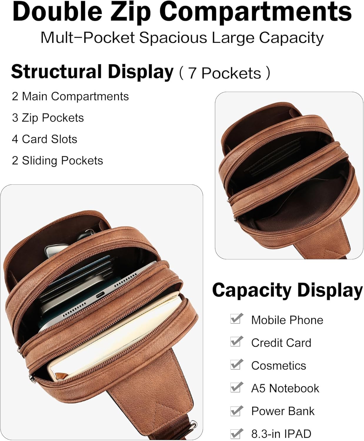 FADEON Sling Bags for Women Crossbody Bags, Designer PU Leather Sling Purse Multi-Pocket Packs with Card Slot Purse Brown