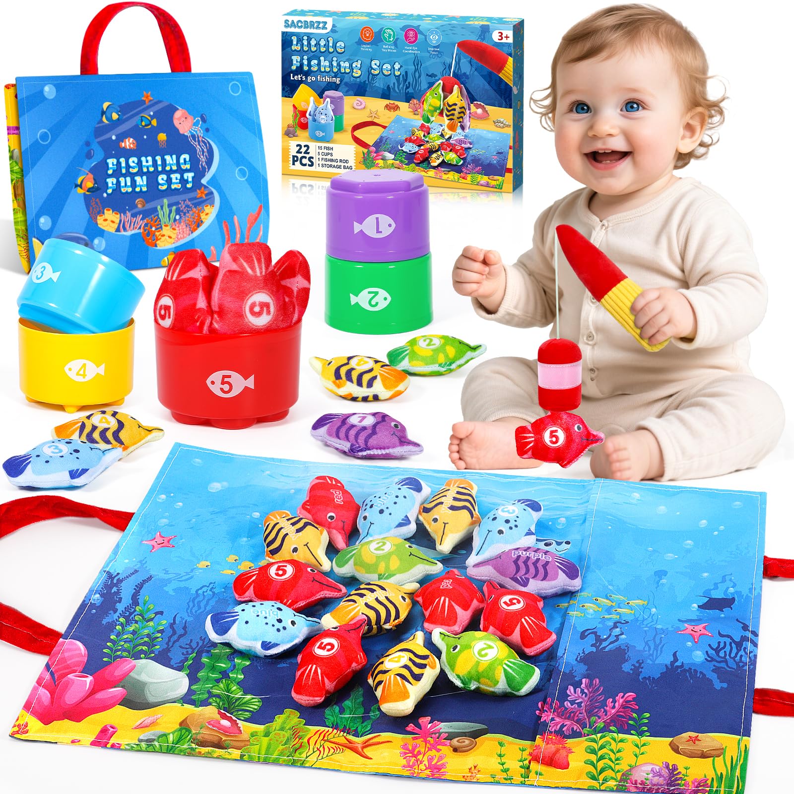 Giochi Bambini 1 Anno, 22 Pezzi Pesca Morbidi, Giochi Montessori 1 Anno Regalo Bambino, con 15 Pesci, Interattivi Educativo Gioco Bambino 1 2 3 Regali per Compleanno Natale