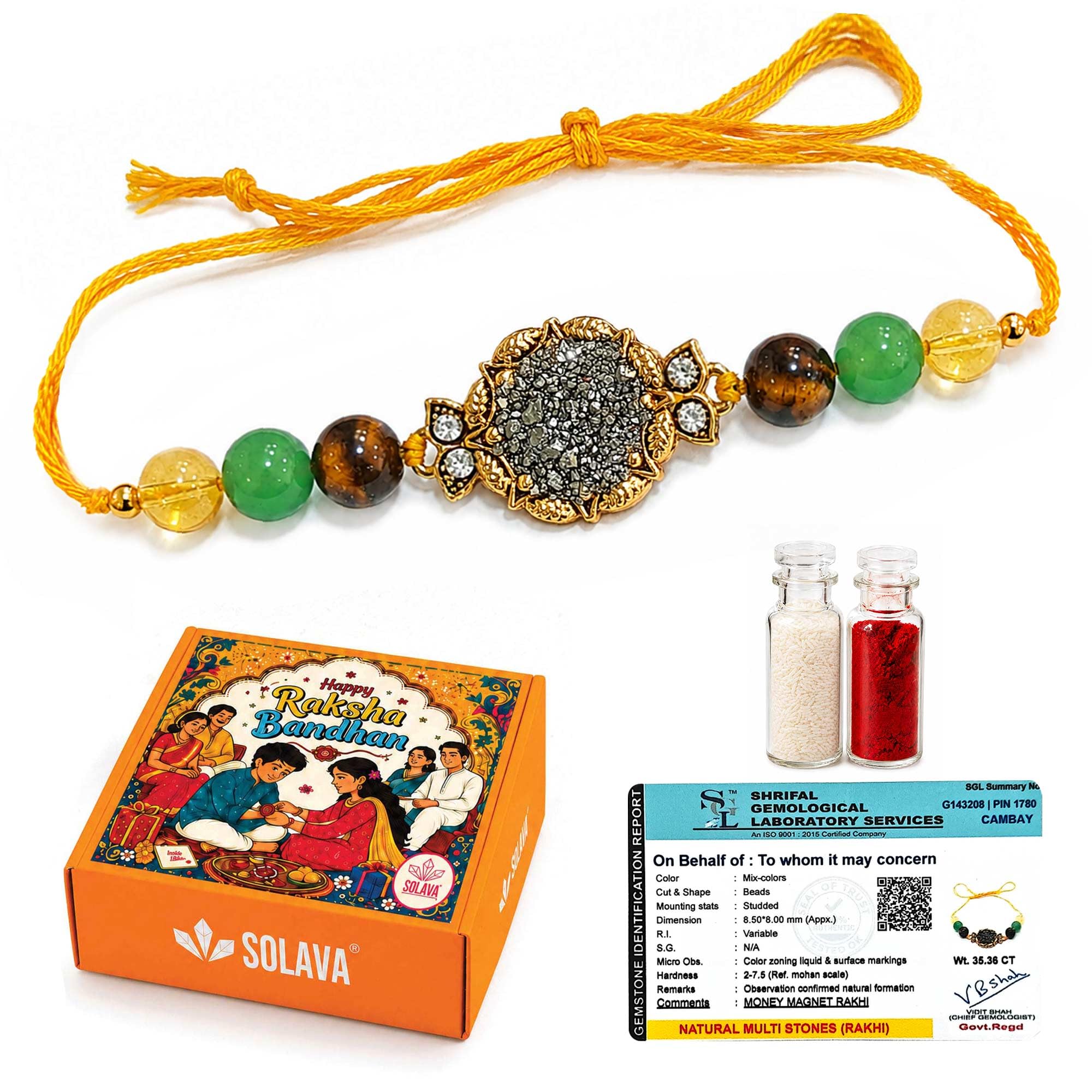 Rakhi - Money Magnet Crystal Rakhi for Brother and Bhabhi | Tiger Eye, Citrine, Green Aventurine & Raw Pyrite | Govt Lab Certified | Premium Raksha Bandhan Gift Box with Roli Chawal-image-27