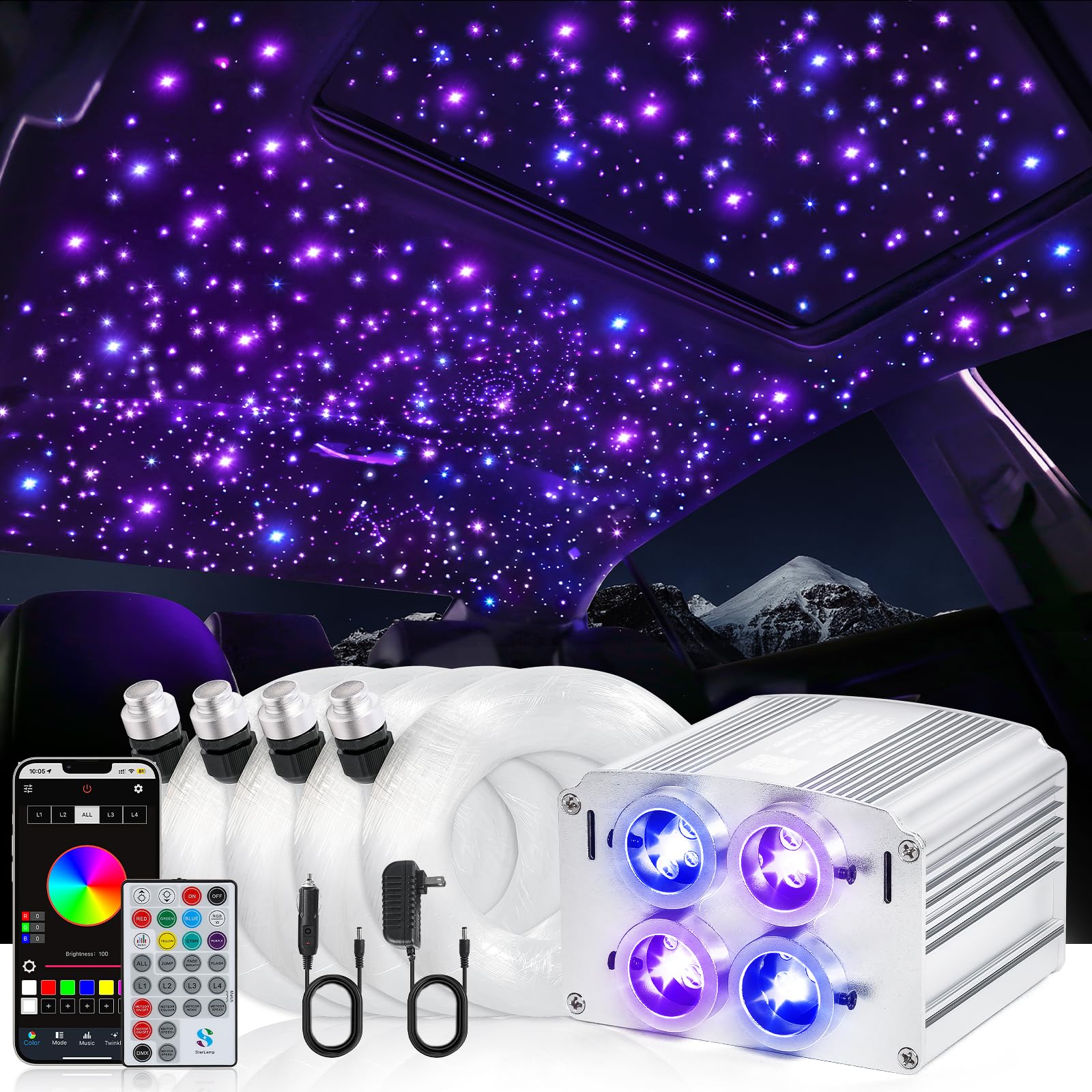 4 Colors 32W Twinkle Car Starlight Headliner Kit 500pcs*0.03in*13.1ft with APP&RF Remote, RGBW Fiber Optic Strands Star Roof Lights,4 Port Engine Sound Activated Ceiling Star Lights for Home/Car Decor