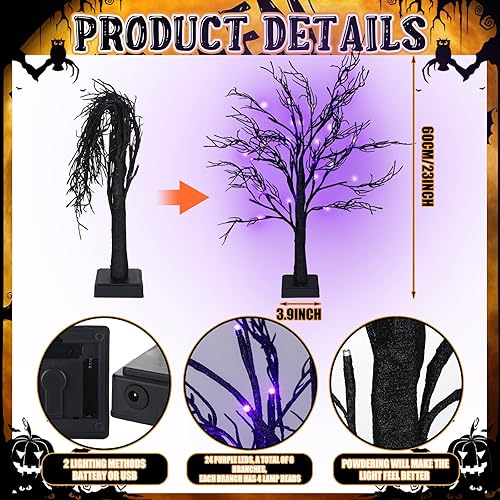Miniatura 3 de Ganeen El juego de 28 piezas de decoraciones de Halloween incluye un árbol espeluznante negro de Halloween de 24 pulgadas con 24 luces LED, mantel