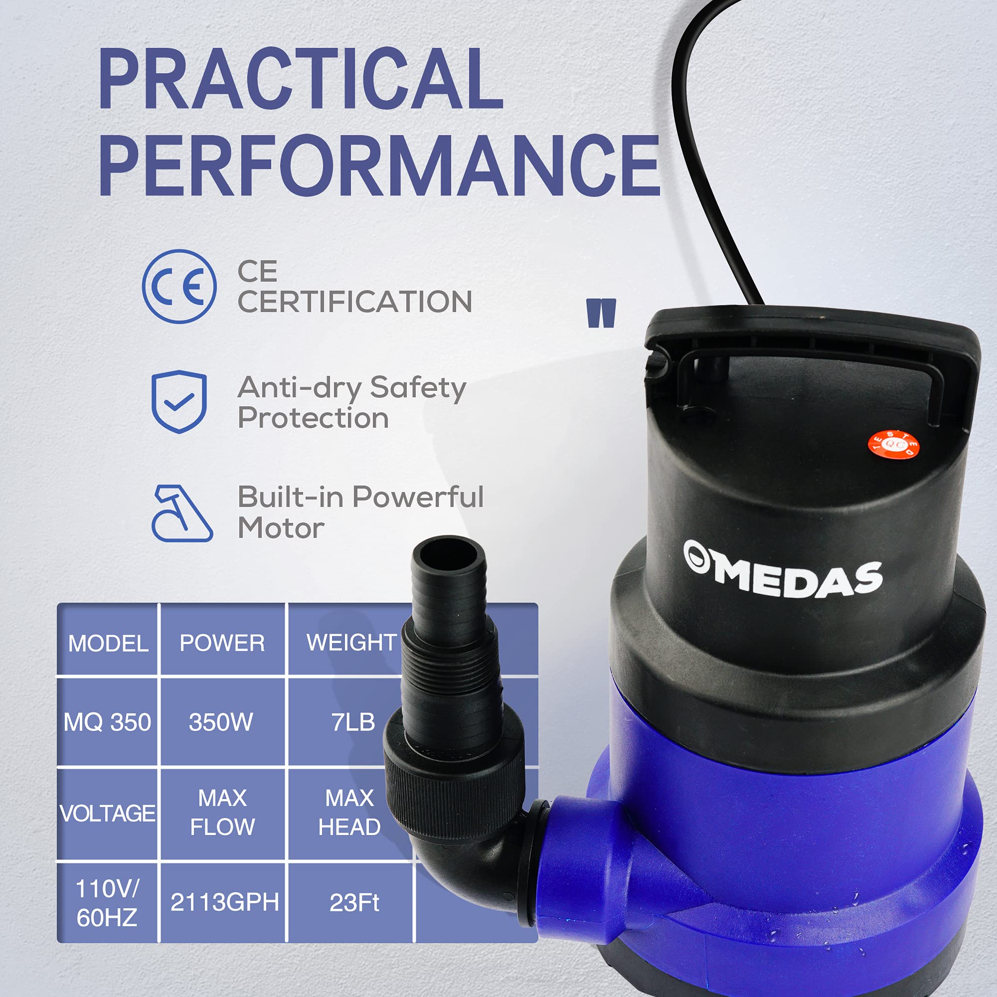 Buy MEDAS 1/2 HP 350W 2113GPH Electric Submersible Pump Portable Sump Pumps Clean Water Pump for