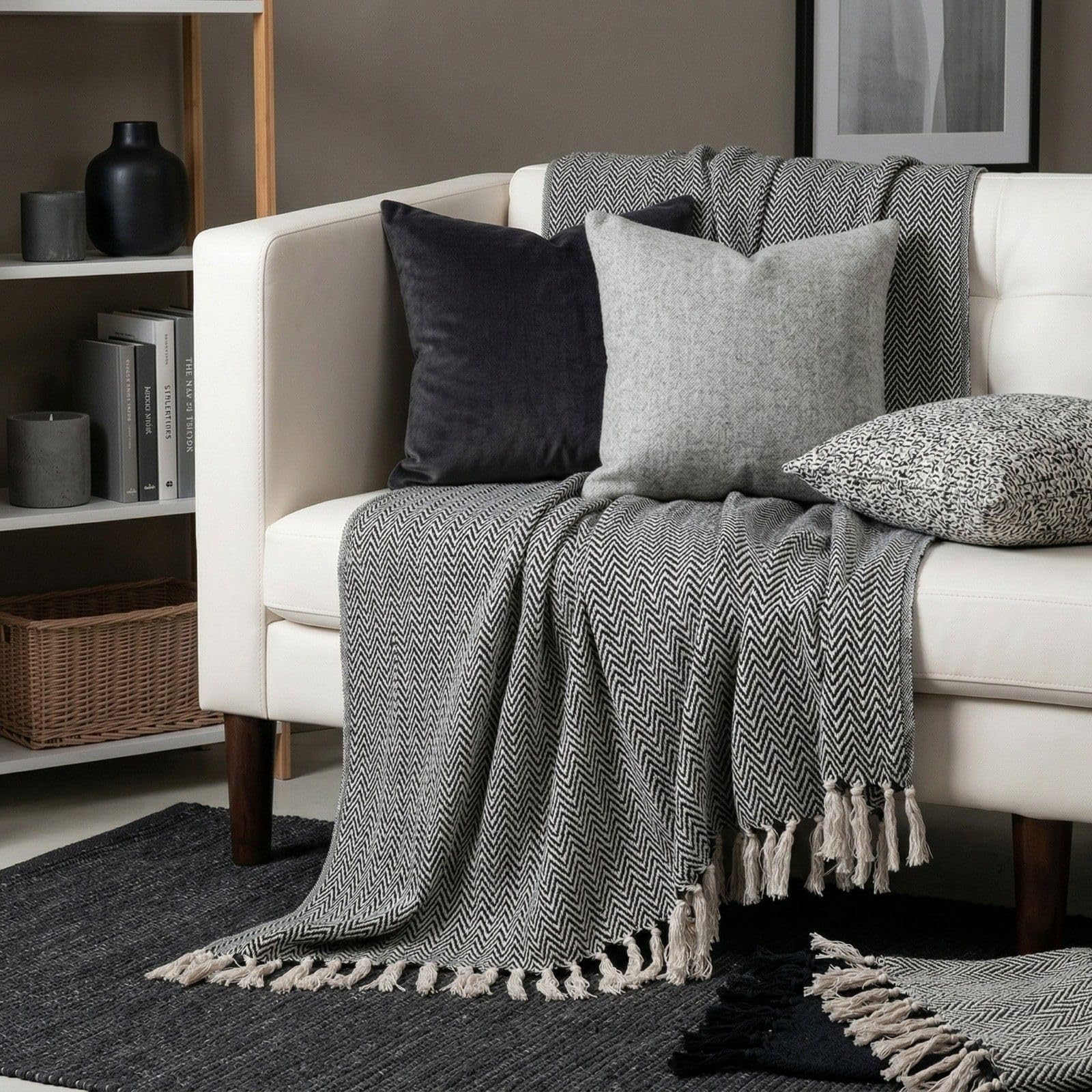 HAKAM Cotton Throw Blanket for Sofa and Couch - 50x70 Inches (127x177 cm), 200 TC Soft Weaved Chevron Decorative All Season Throw with Tassels(Biege) (Black)-image-35