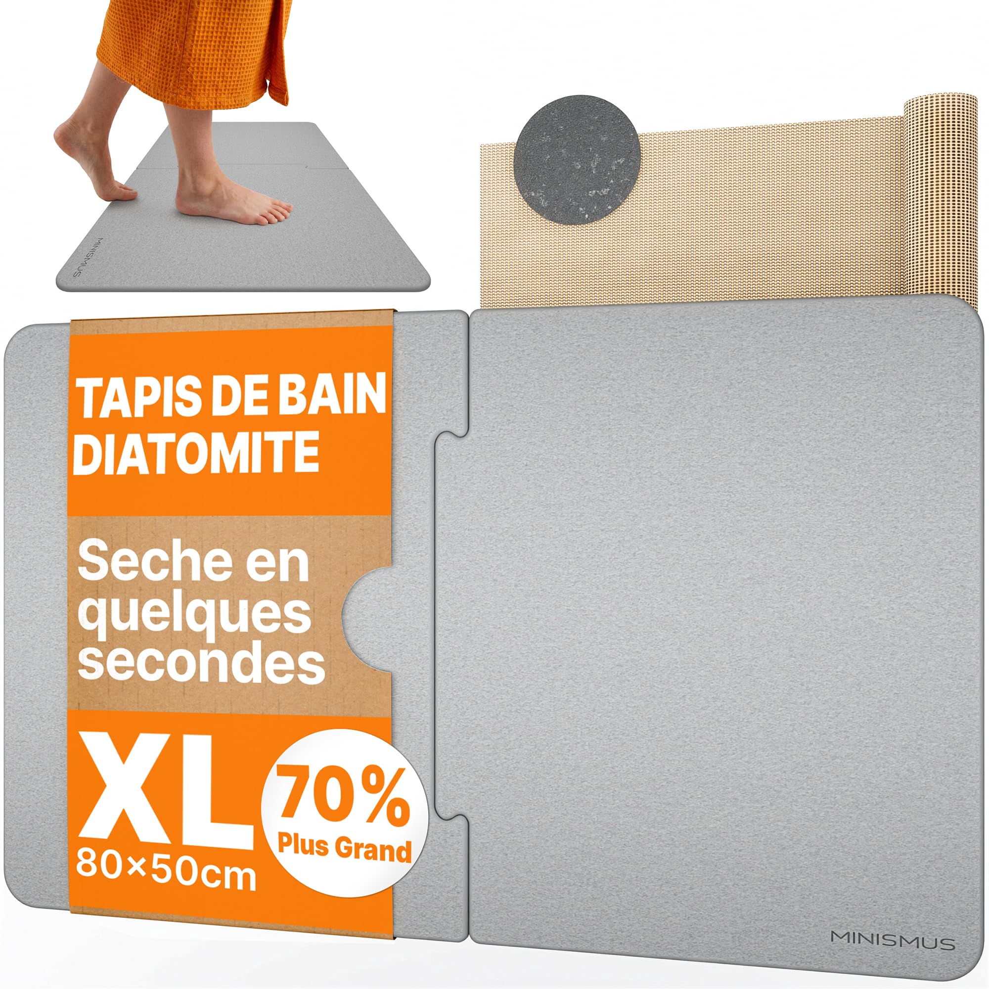 Tapis de Bain en Diatomite 80 x 50 cm, Absorbant et Antidérapant, Taille XL, Séchage Rapide, Gris Clair