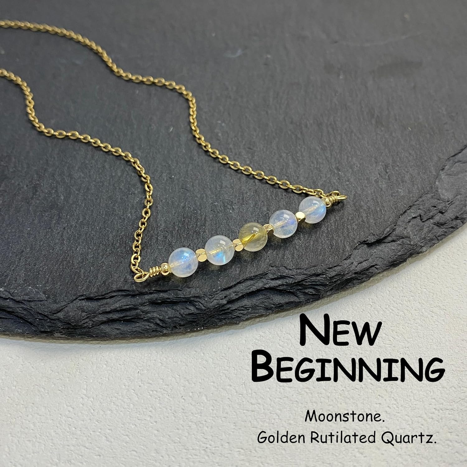 Artisan Handcrafted Moonstone Golden Rutilated Quartz Necklace, Customizable 14-24 Inch, Two-Stone Beaded Pendant, Simple Fine Jewelry for Her Him